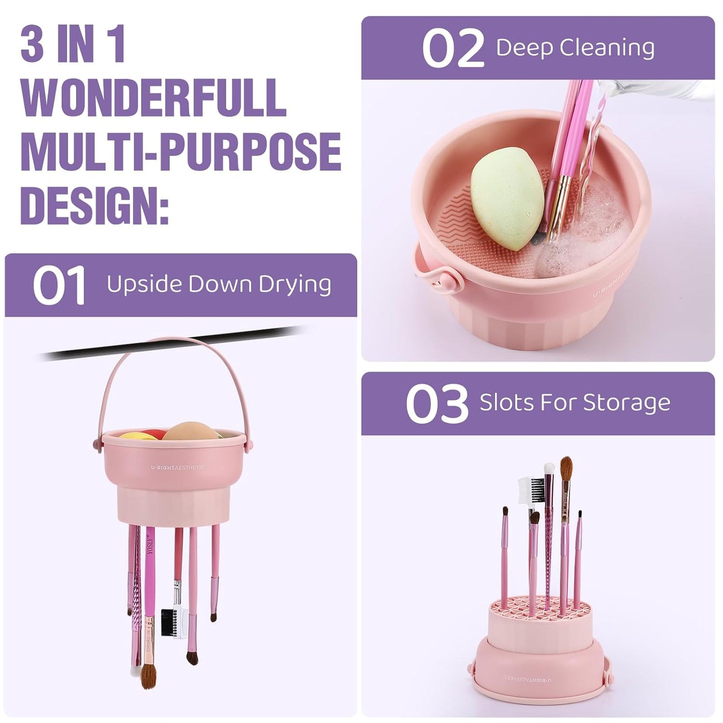Makeup Brush Cleaner Mat 3 in 1 Silicone Makeup Brush Cleaner Bowl Cosmetic Brushes Cleaning Tool Organizer for Storage and Air Drying (Pink)