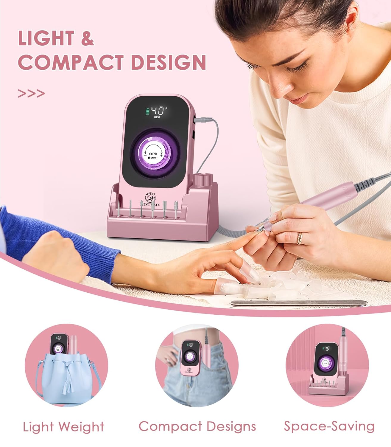 Portable Electric Nail Drill File: 40000RPM Professional Rechargeable Nail E-File Machine, Cordless Nail Drill with Bits & Base for Acrylic Nails Remove Nail Gel Polish Manicure for Salon Home