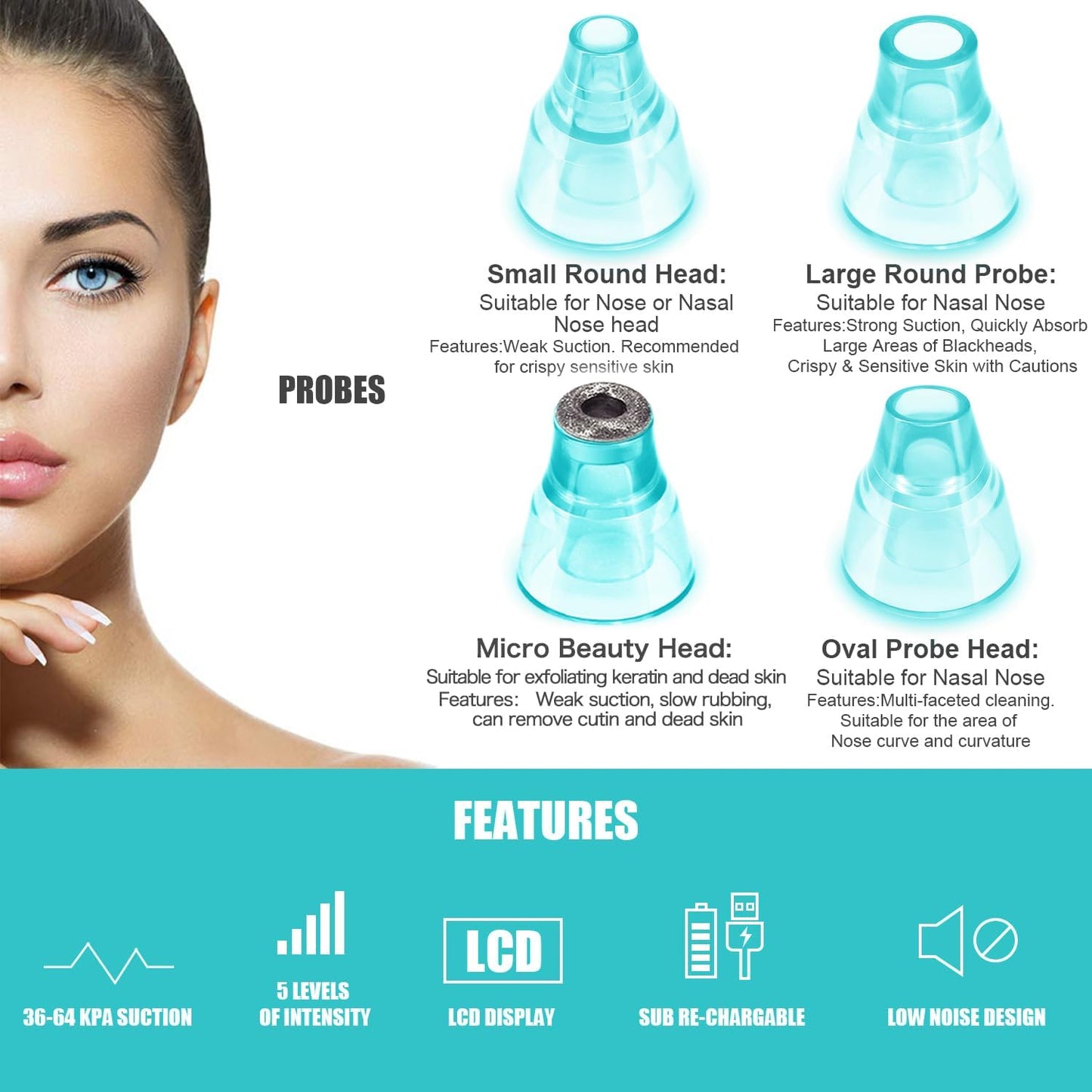 Blackhead Remover Pore Vacuum, Face Suction Pore Cleanser, 5 Suction Power Electric Blackhead Extractor Tool, 4 Probes, Blackhead Suction Remover for Women & Men