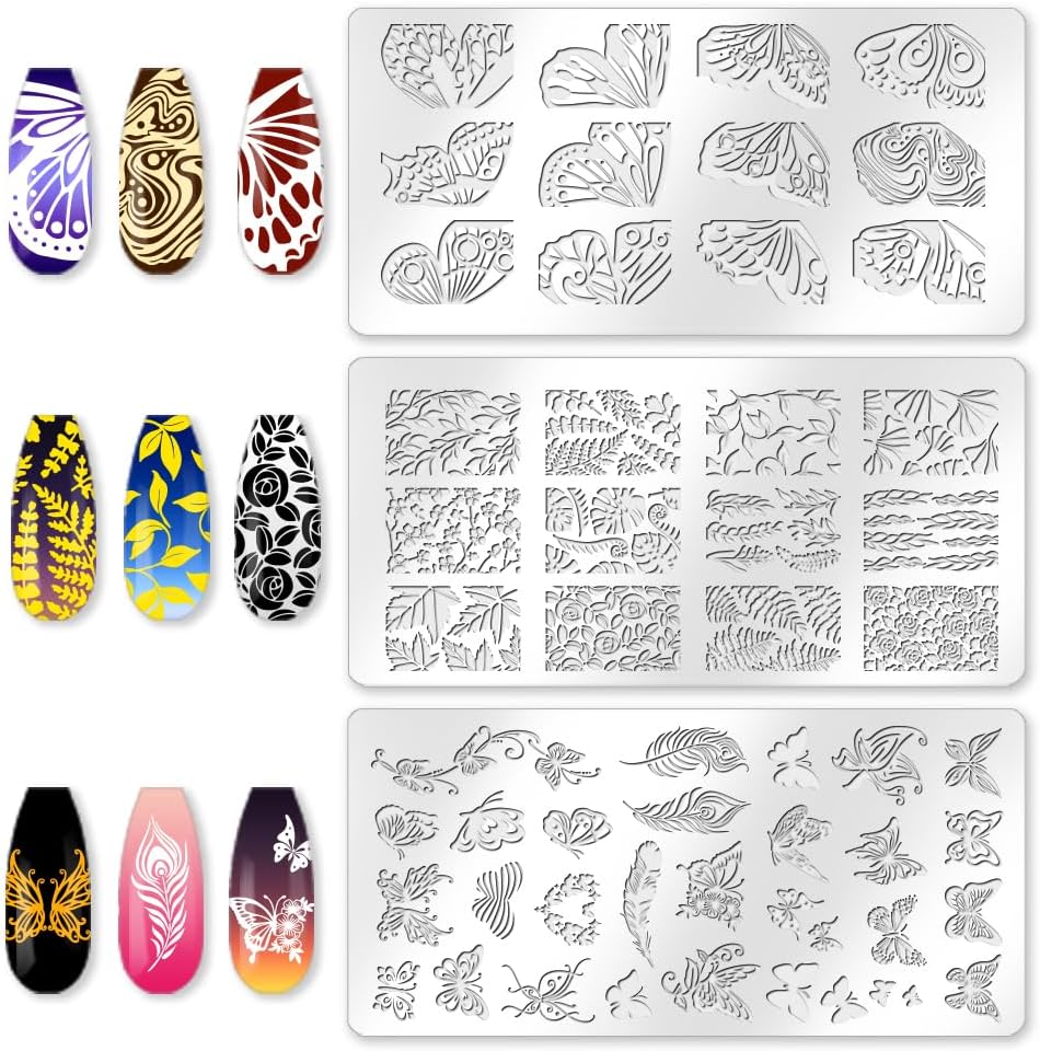 3Pcs Butterfly Nail Stamping Plate Set Floral Ginkgo Maple Leaves Stainless Steel Nail Stamp Templates Clear Silicone Nails Stamping with Stamper Scraper for Manicure Printing
