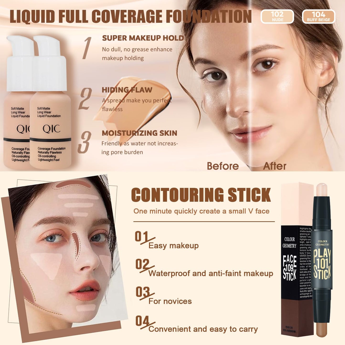 All in One Makeup Kit,Includes Naked Eyeshadow Palette,Liquid Foundation,Lipstick Set,Mascara,Makeup Brush,Makeup Sponge,Eyebrow Pencil,Eyebrow Soap,Eyeliner Stamp, Primer,Contour Stick,Cosmetic Bag