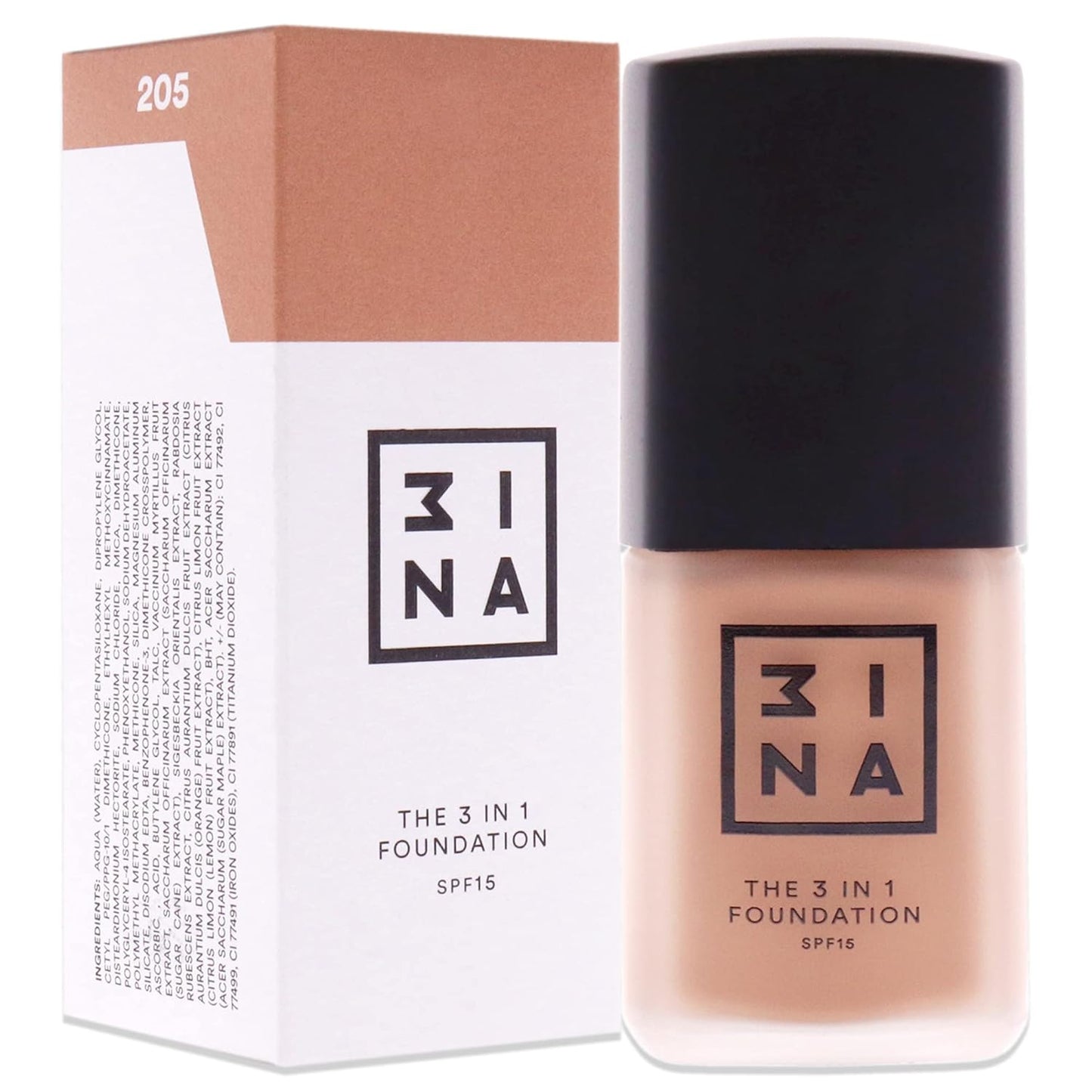 3INA The 3-In-1 Foundation 205 - Vegan Formula - Combination Of Primer, Concealer And Foundation - Medium Coverage - Natural Finish - Perfect For Covering Lines And Blemishes - Long Lasting - 1.01 Oz