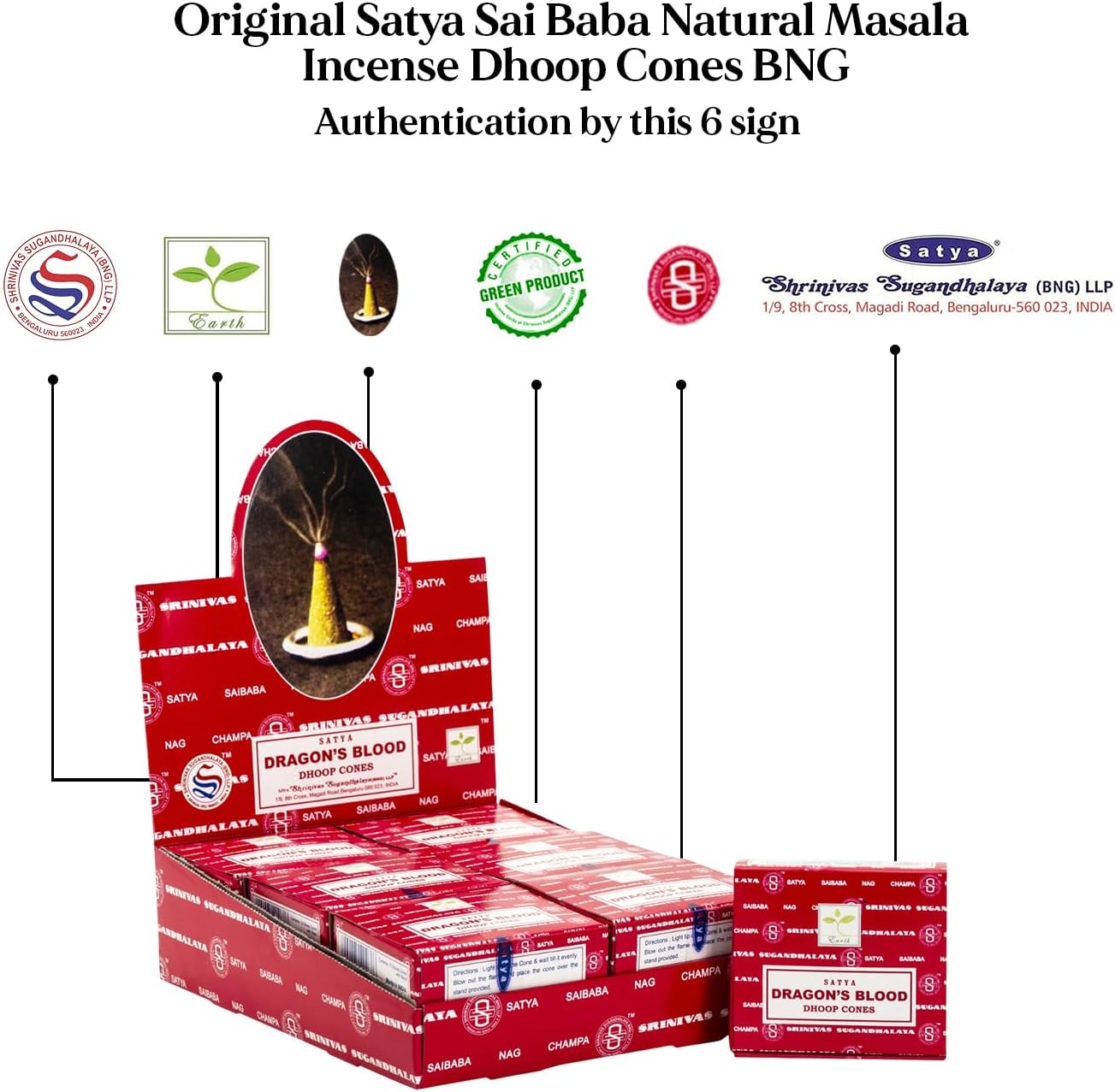 Satya Sai Baba Dragons Blood Original Earth Marked Natural Masala Incense 144 Dhoop Cones in Pack of 12 Boxes | Best for Prayer, Meditation and Relaxation