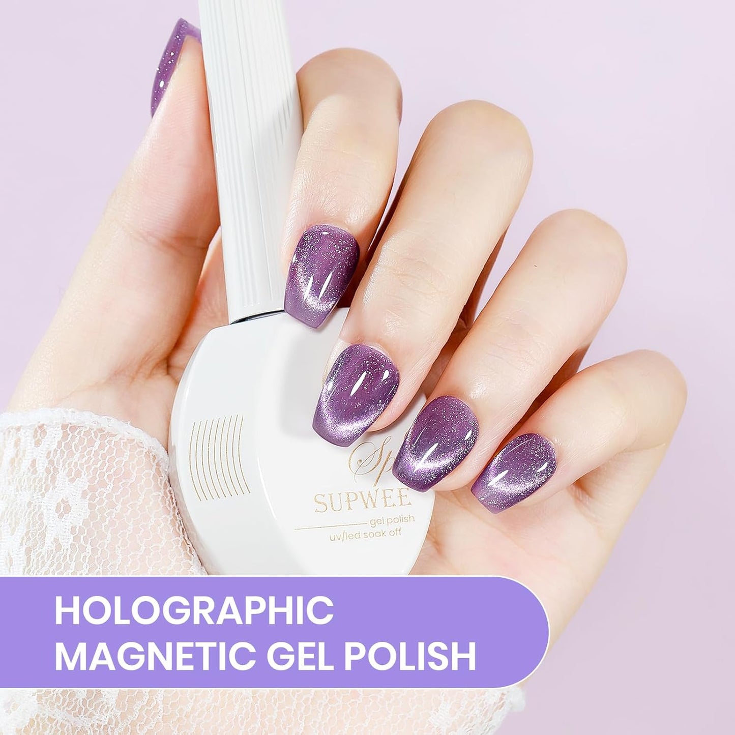 Purple Cat Eye Gel Polish, 15ML Glitter Crystal Cateye Gel Nail Polish Magnetic Reflective Effect with Magnet Soak Off Salon DIY at Home