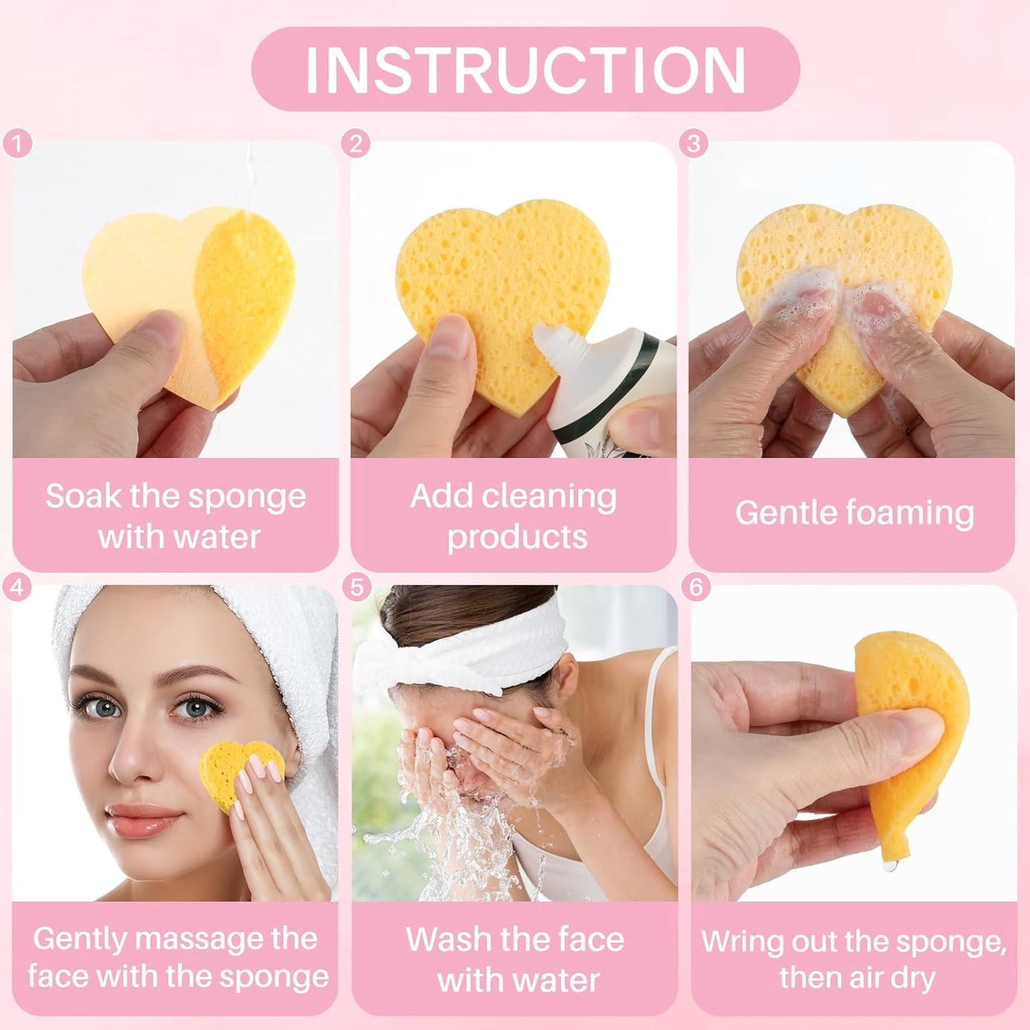 50-Count Heart Shape Compressed Facial Sponges,100% Natural Cellulose Face Sponge Spa Sponges for Removing Dead Skin, Dirt and Makeup(Yellow)