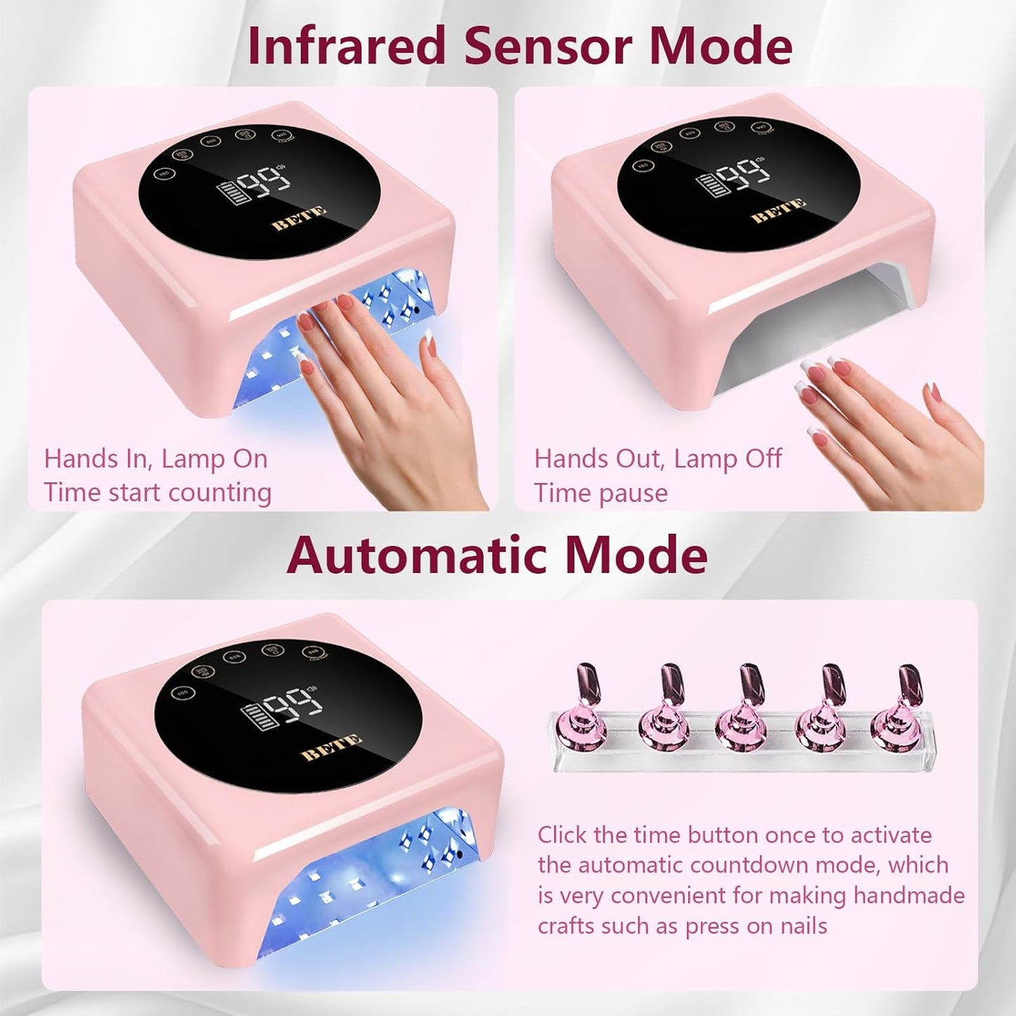 BETE Cordless LED Nail Lamp, 78W Rechargeable UV Nail Light, Intelligent Infrared Sensor and LCD Display Curing Nail Lamp, Portable Nail Dryer Gel Polish Light with 5 Timer Setting Pink