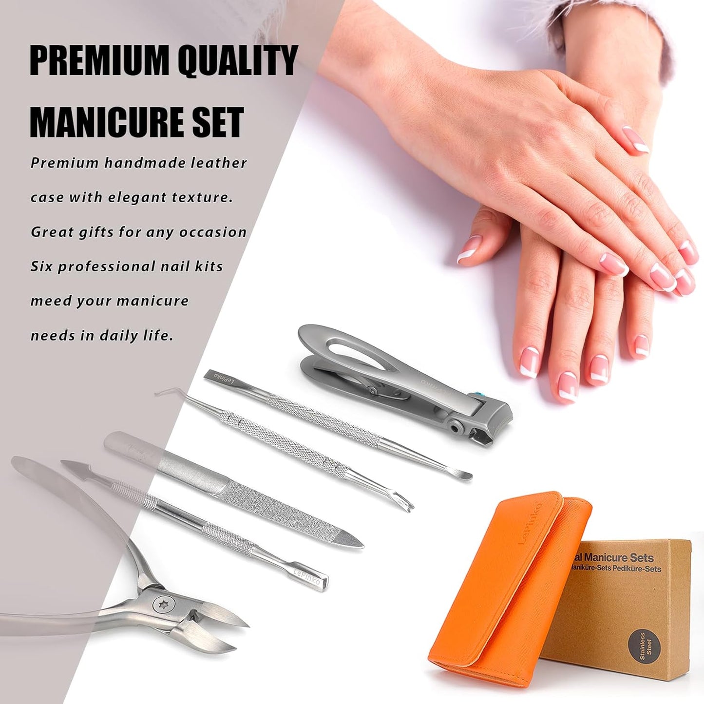 Nail Clippers Set for Thick Toenails and Fingernails, Heavy Duty Podiatrist Clippers for Ingrown Nails, Manicure Sets with Travel Leather Case, Gifts for Stocking Stuffers Men Women, 6PCS Orange