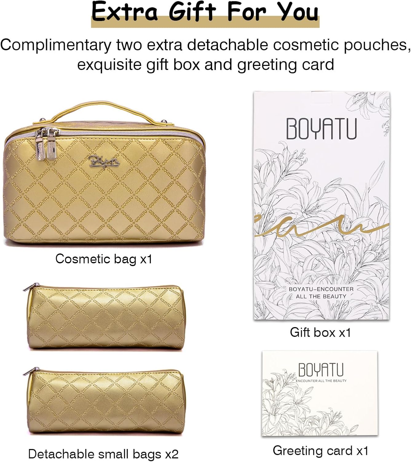 BOYATU Travel Makeup Bags Cosmetic Organizer Bag: 3-Set Large Capacity Make up Bag - PU Leather Toiletry Bags for Women - Wide Open Portable Pouch with Divider & Handle (07-Gold)
