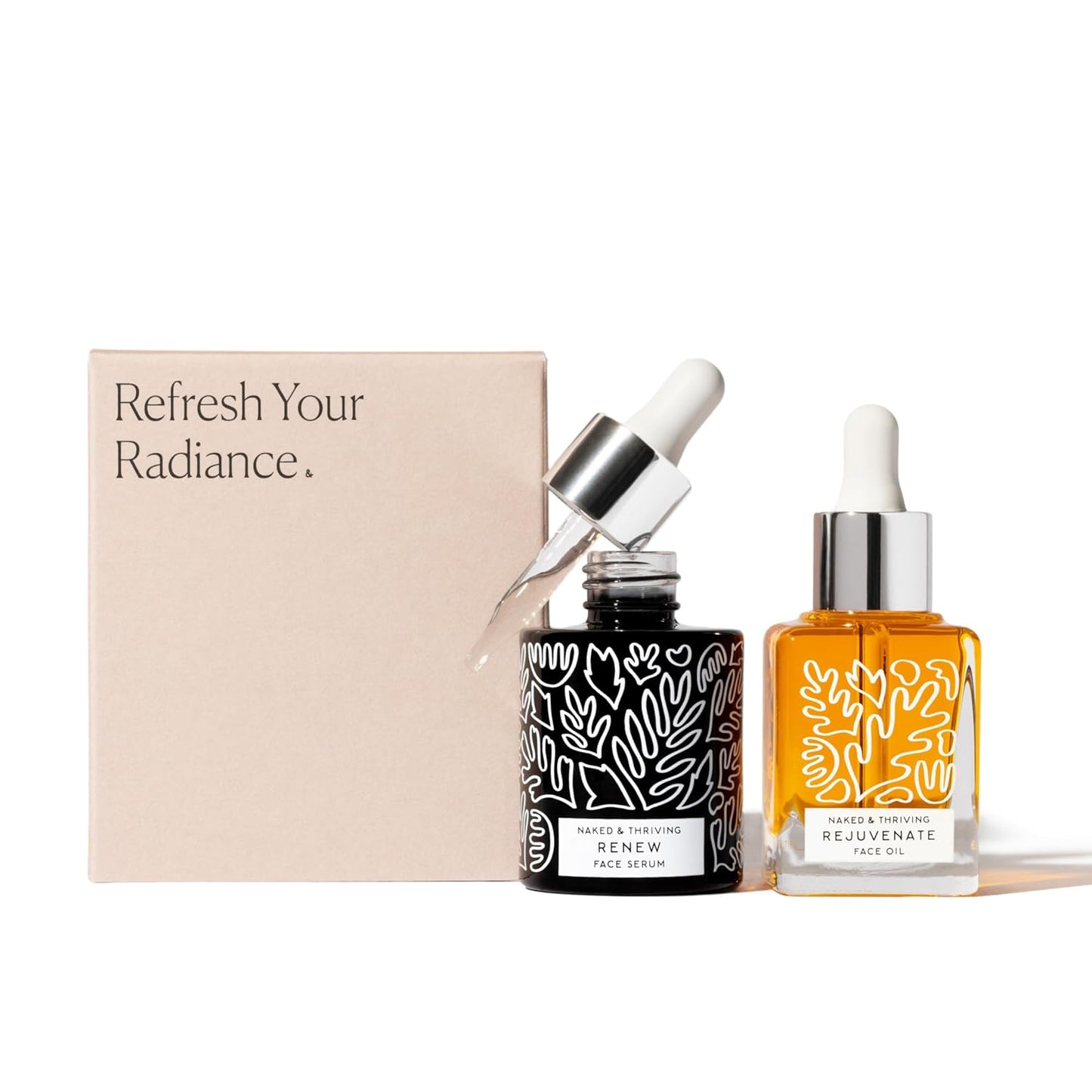 Naked & Thriving The Night Set | Renew Resurfacing Night Serum (30 mL) + Rejuvenate Restorative Face Oil (35 mL) with Hyaluronic Acid, Argan & Sea Buckthorn Oils and Fruit AHAs (Set of 2)