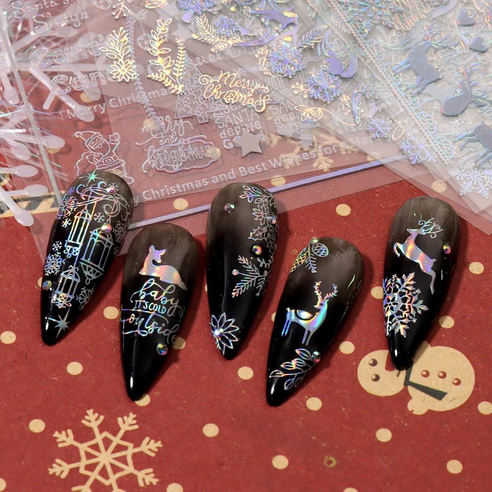 9 Sheets Aurora Christmas Nail Art Stickers Decals Self-Adhesive Pegatinas Uñas Glitter Rose Gold Snowflakes Winter Nail Supplies Nail Art Design Decoration Accessories