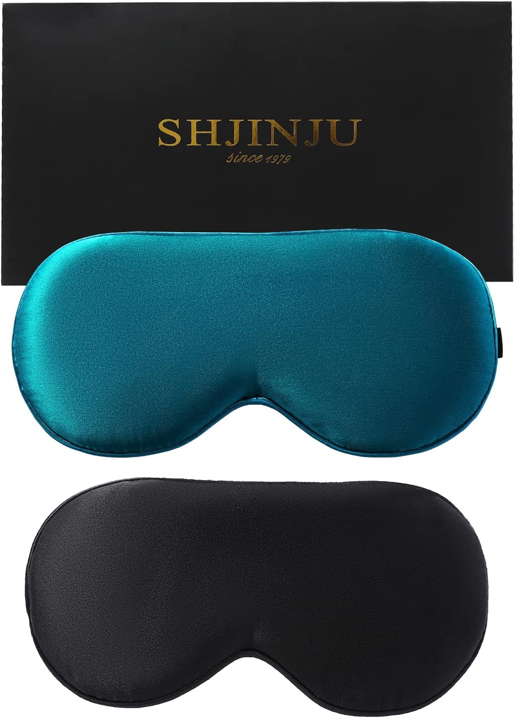2-Pack 100% Real Natural Silk Eye Mask, Silk Sleeping Mask, Shade Puffy Eye Gift with Adjustable Straps, Sleep Eye Mask, SHJINJU Eye Mask Shade (Black and Lake Blue)