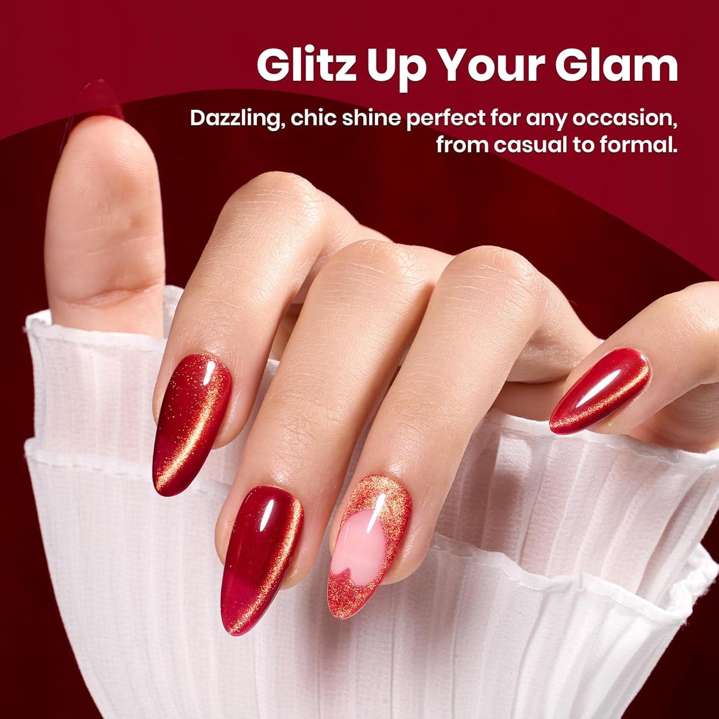 Beetles Red Cat Eye Gel Nail Polish - 15ML Cherry Red Glass Magnetic Cat Eye Glitter Gel Polish with Gold Powder Soak Off UV Twilight Toast Collection Nail Art Design Manicure Gifts for Women