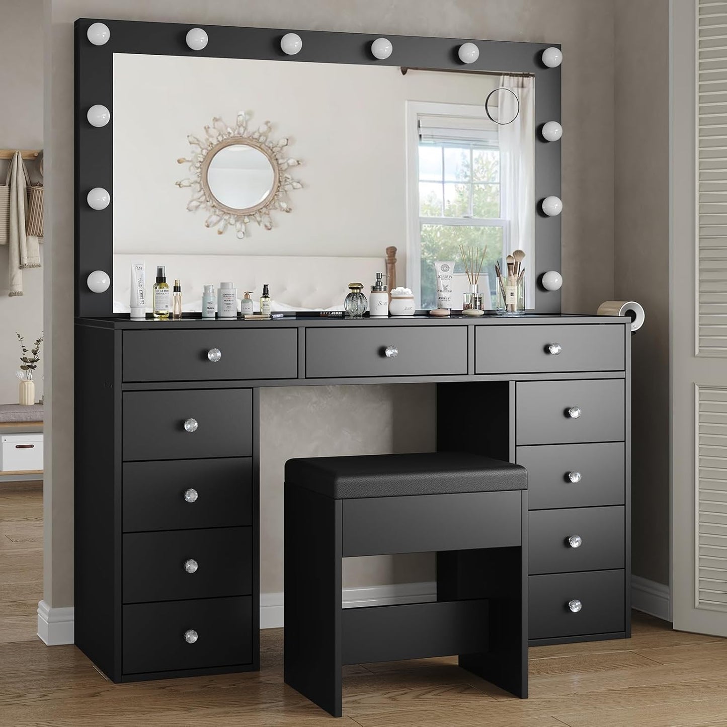Vanity Desk & Power Outl, Makeup Table with Mirror and 12 LED Lights, Makeup Table with 11 Drawers, 3 Lighting Modes Brightness Adjustable(Black)