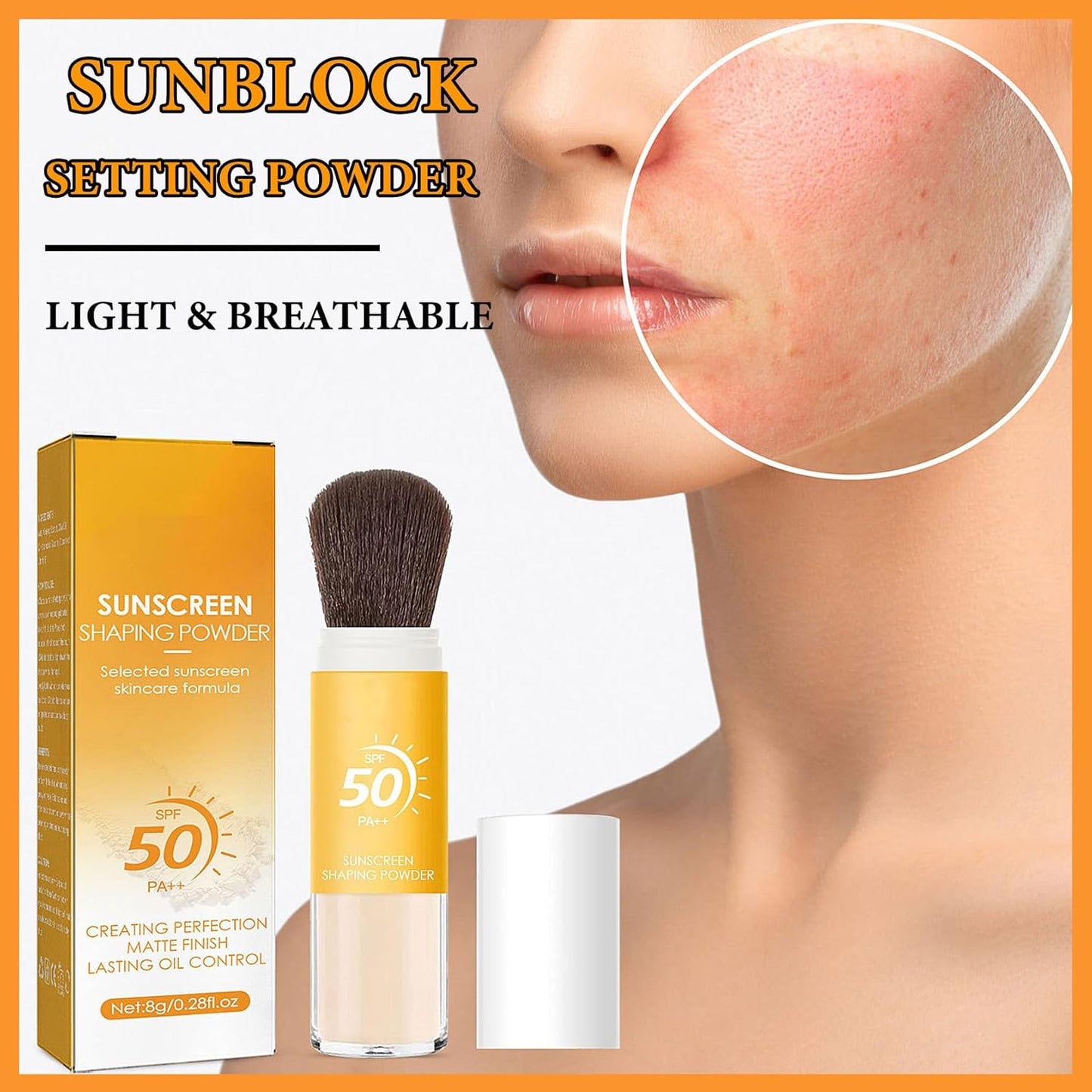 Sunscreen Setting Powder,Brush Setting Makeup SPF 50 PA++ for All Skin,Moisturizing & Lightweight Loose Face Powder with Sunscreen Brush,Soft Matte Finish Long Lasting Oil Control Make up