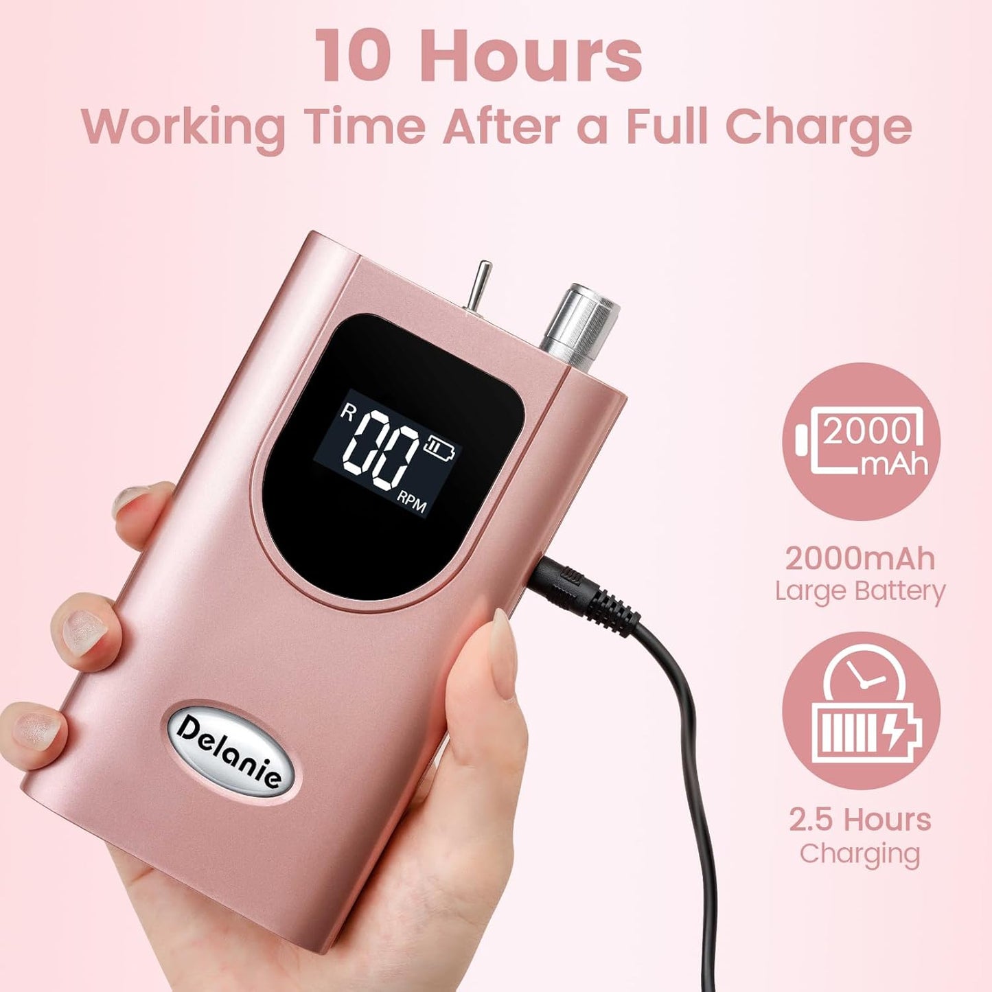 Delanie Professional Portable Electric Nail Drill Machine, 35000 RPM Rechargeable Cordless Nail Filer Electric Nail File Efle for Dip Powder Acrylic Gel Nail, Salon Nail Tool, Rose Gold