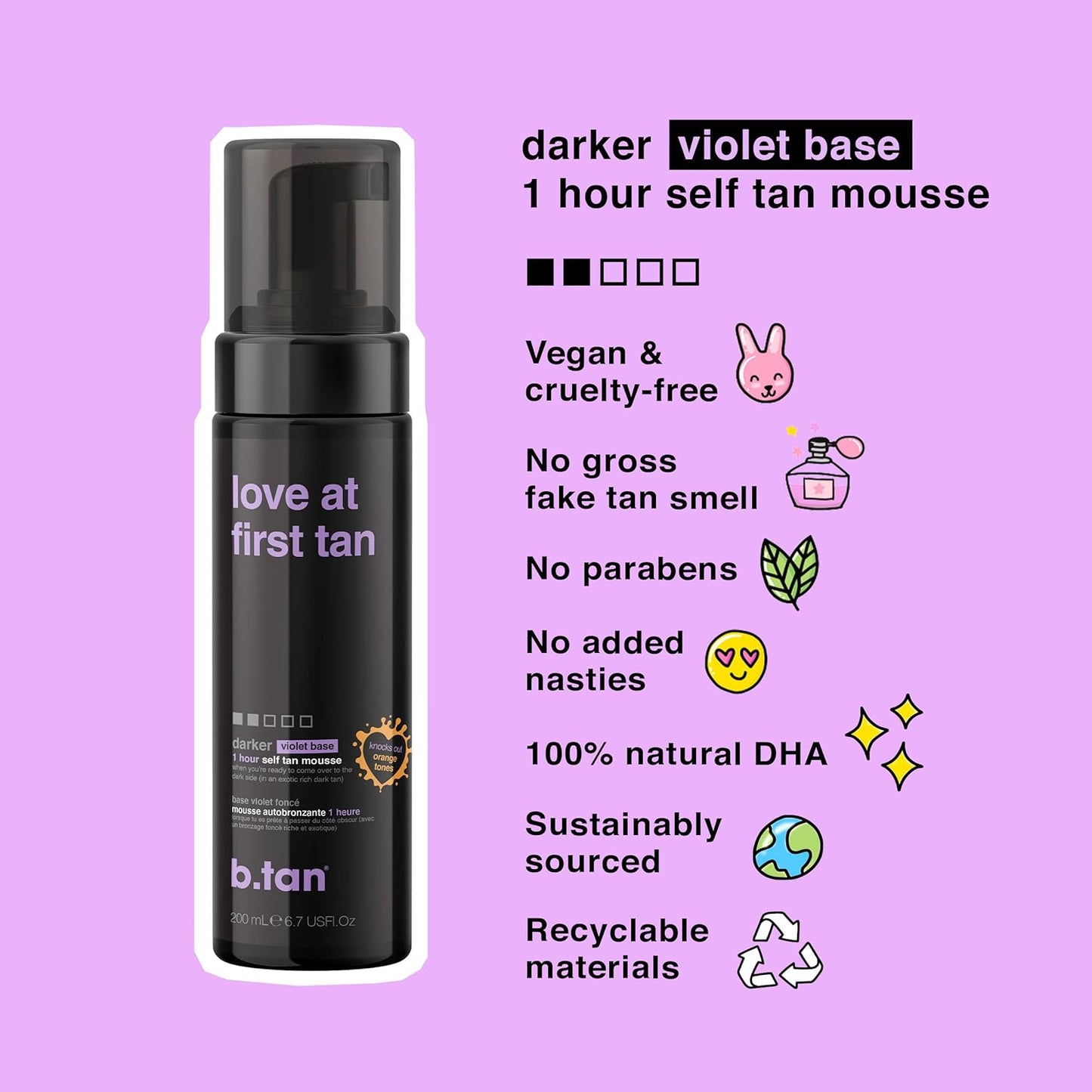 b.tan Violet Base Self Tanner Mousse | Love At First Tan - Best, 1 Hour Express Sunless Tanning Foam, Cancels Orange Tones, Dark Bronzing Glow, No Fake Tan Smell, Face & Body, 6.7 Fl Oz