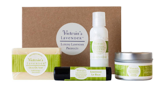 Victoria's Lavender Natural Body Products Gift Set - Handmade Soap, Hand & Body Lotion, Lip Balm, Body Candle Skin Care Sets & Kits, Lavender Bath and Body Products for Women, Lavender Lemongrass
