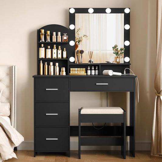 Quimoo Makeup Vanity with 10 Light Bulbs and Charging Station, Vanity Desk with Lighted Mirror & 4 Drawers, Vanity Table Set with Cushioned Stool, Black
