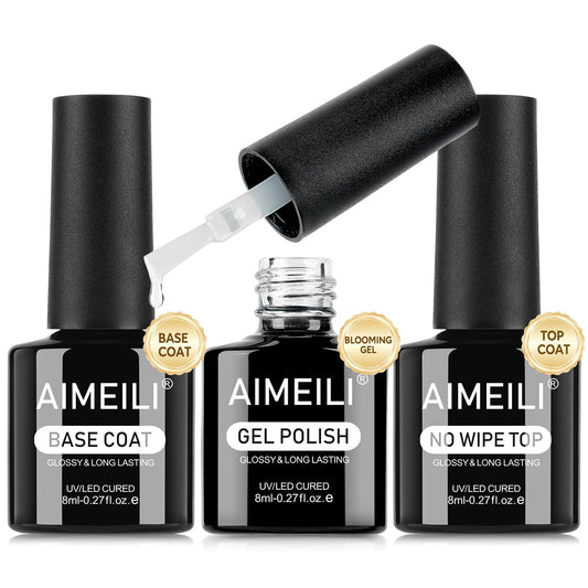 AIMEILI Nail Blooming Gel Base Coat Top Coat Kit 3pcs, Hema Free, Cruelty Free, Vegan, High Gloss Gel Nail Polish Long Lasting Spreading Marble