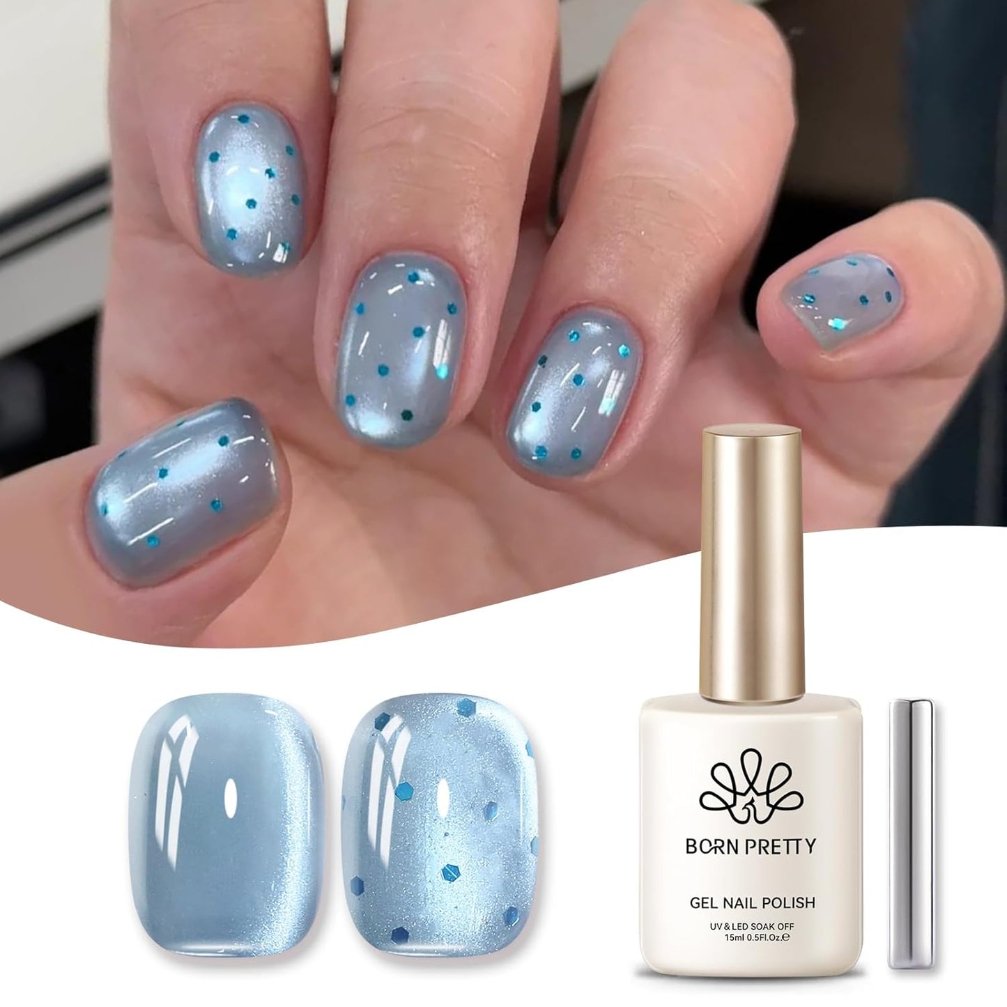 BORN PRETTY Cat Magnetic Eye Gel Nail Polish, Blue Glitter Cat Magnetic Gel Nail Polish, Crescent Bay Magnetic Nail Polish for Nail Art Manicure Salon DIY at Home 15ML