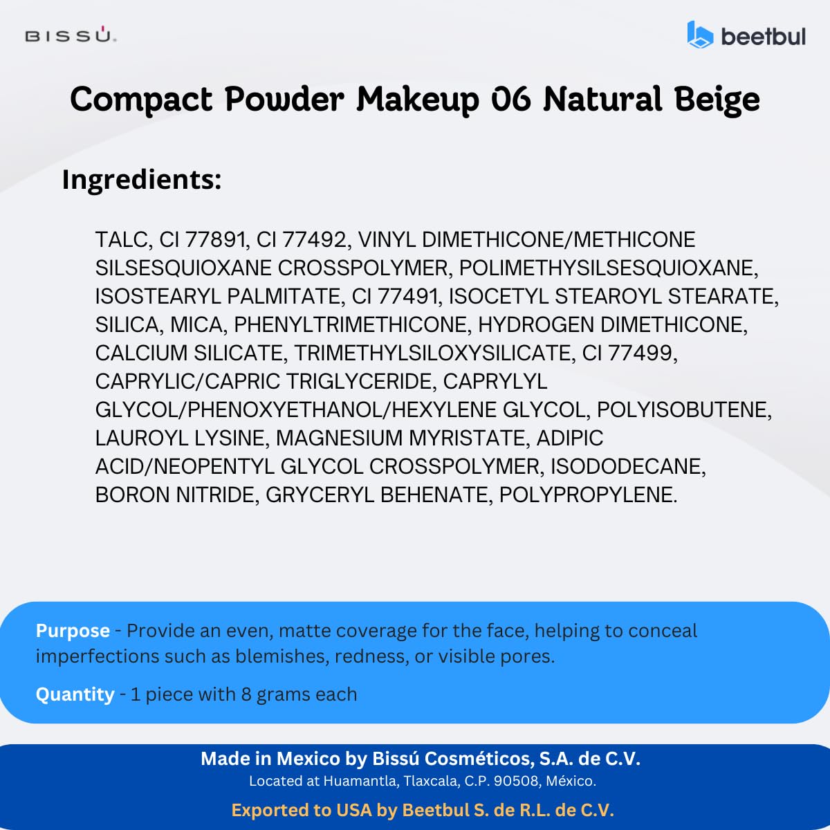 Beetbul Makeup & Exfoliation Kit - Bissú Compact Powder + 1 Medium Velvet Puff + 2 Finger Puffs + 1 Facial Exfoliating Sponge (06 Natural Beige, One Size)