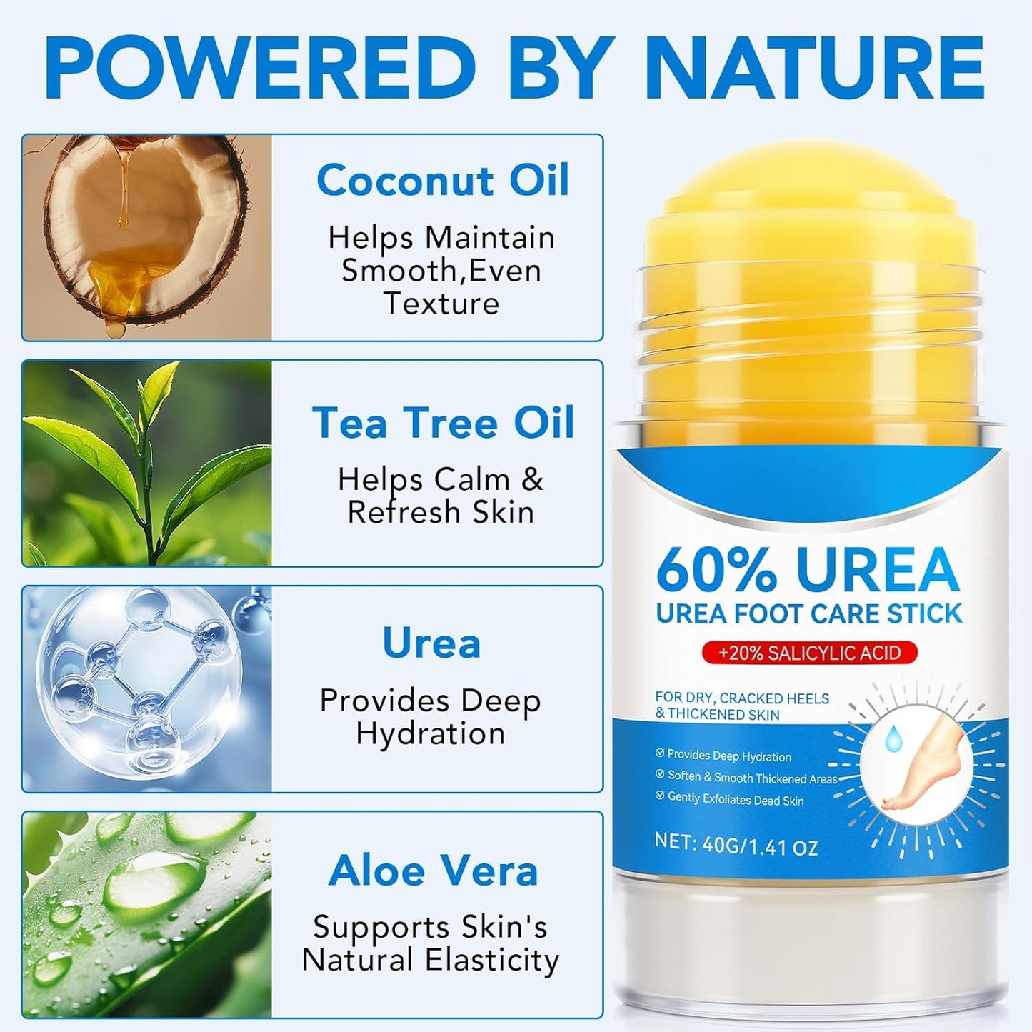Urea Foot Care Stick, 60% Urea with 2% Salicylic Acid Foot Cream Moisturizer for Dry Cracked Feet, Knees, Elbows, Hands, Moisturizes and Hydrates the Dry Skin, Callus Remover & Skin Softener 1.41 oz