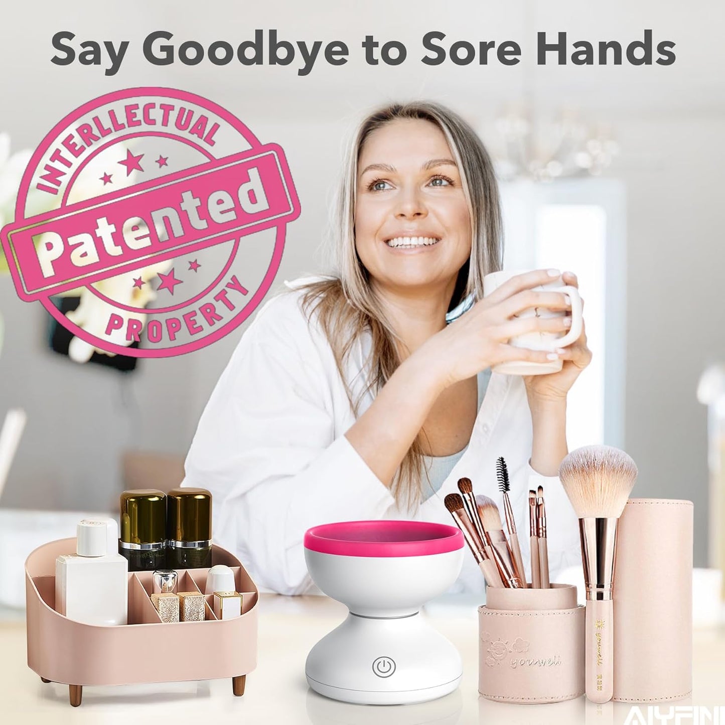 Alyfini Makeup Brush Cleaner Machine-Professional Electric Make up Brushes Cleaner Cleanser Solution for Kabuki Foundation Liquid Powder Face Makeup Self Tanner Brush,Gifts for Women Stocking Stuffers