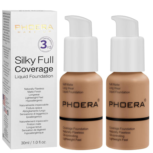 PHOERA Foundation, PHOERA Matte Liquid Foundation,PHOERA Makeup for Women, PHOERA Foundation Full Coverage Concealer, 30ml 24HR Matte Oil Control Concealer (106 - Warm Sun*2)