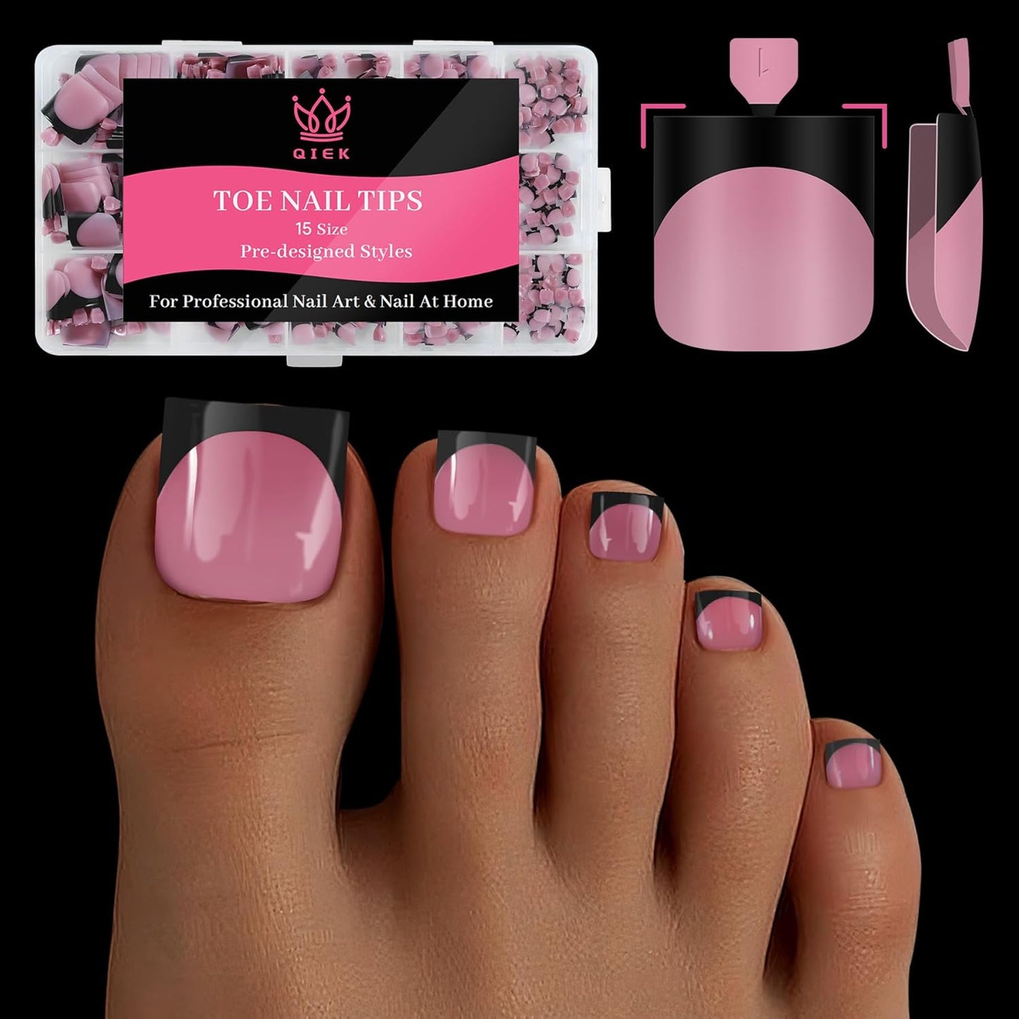 Toenail Press Ons French Tip, Berry Pink Black Elegant False Toe Nail Extension 15 Sizes 270 Pcs Sharp Square Acrylic Tips Pre-applied Nail Primer & Base Coat Full Cover for DIY Home 2025 Summer