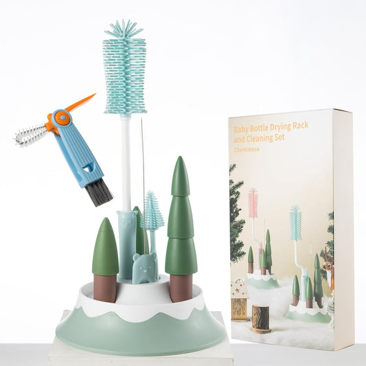 Baby Bottle Drying Rack and Cleaning Set, with Straight Silicone Baby Bottle Brush, Pacifier Brush, Straw Brush, Cup Lid Cleaning Brush, 2025 Xmas Holiday Surprise Gift for Newmom, Z Blue