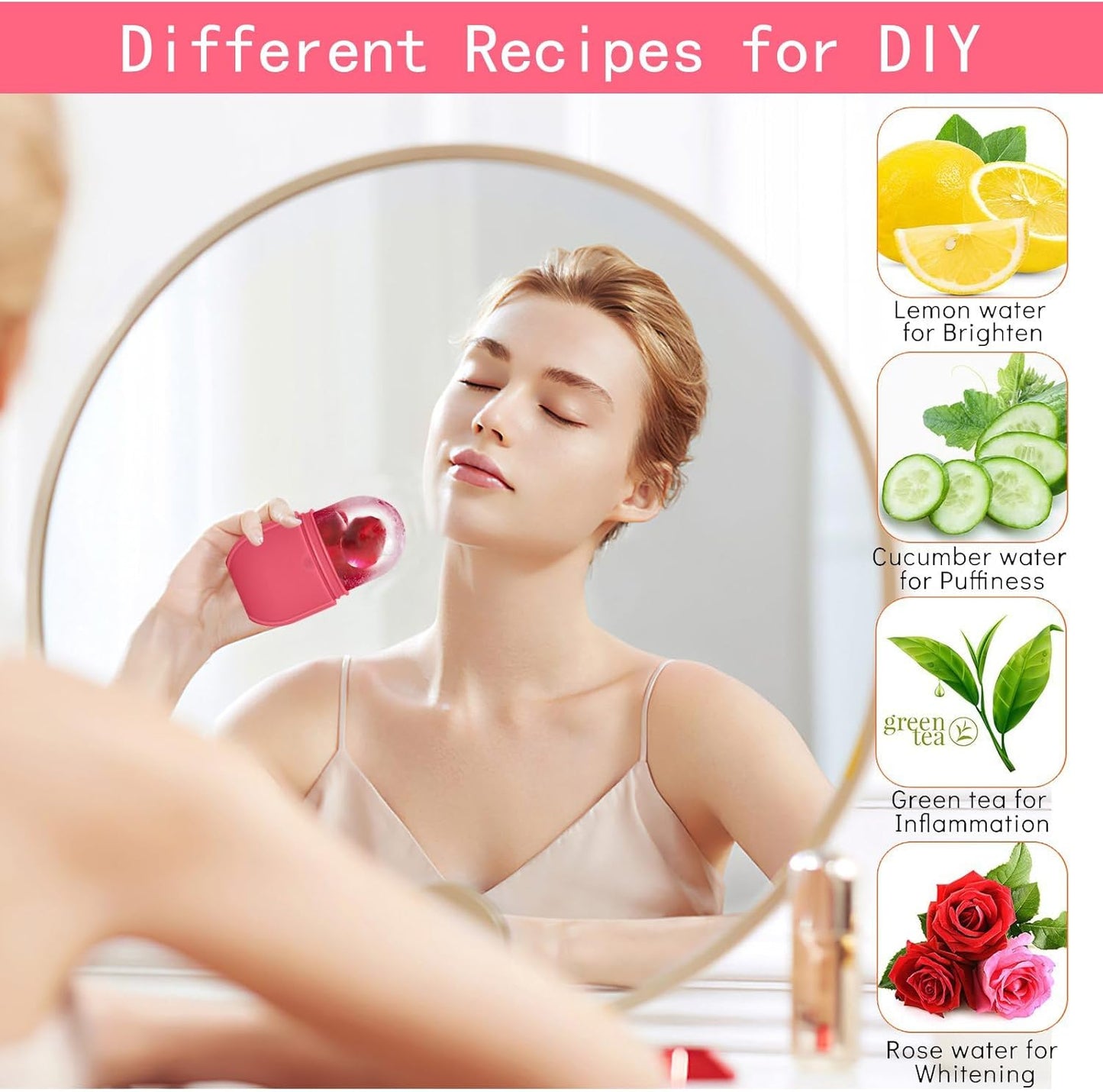 KOGITI Ice Mold for Face，Ice Roller for Face & Eye, Beauty Facial Ice Rollers Ice Holder Mold Face Puffiness Relief Massage Skin Care Tools, Ice Facial Cube (New-Pink)