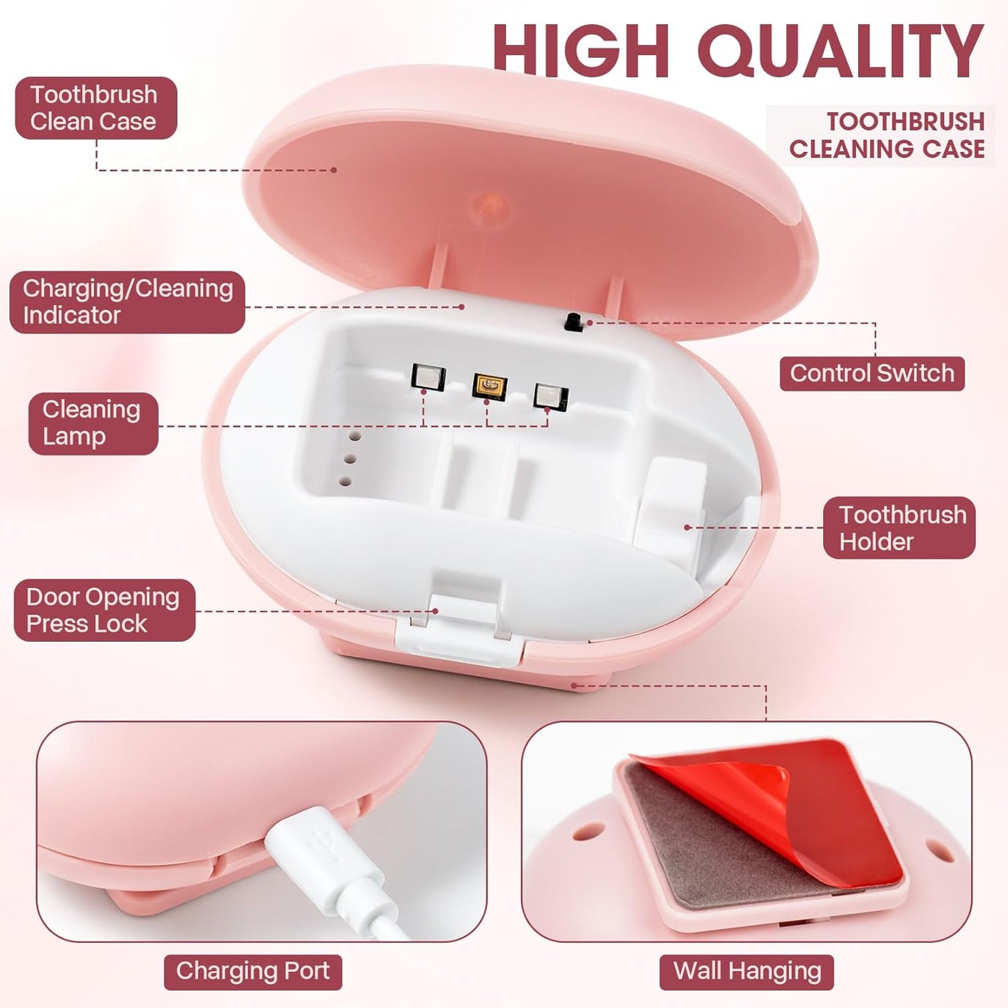 Toothbrush Sterilizer, Travel Toothbrush Covers Case with Holder, Portable USB Charging Toothbrush Cleaner Case with Blue Light (Pink)