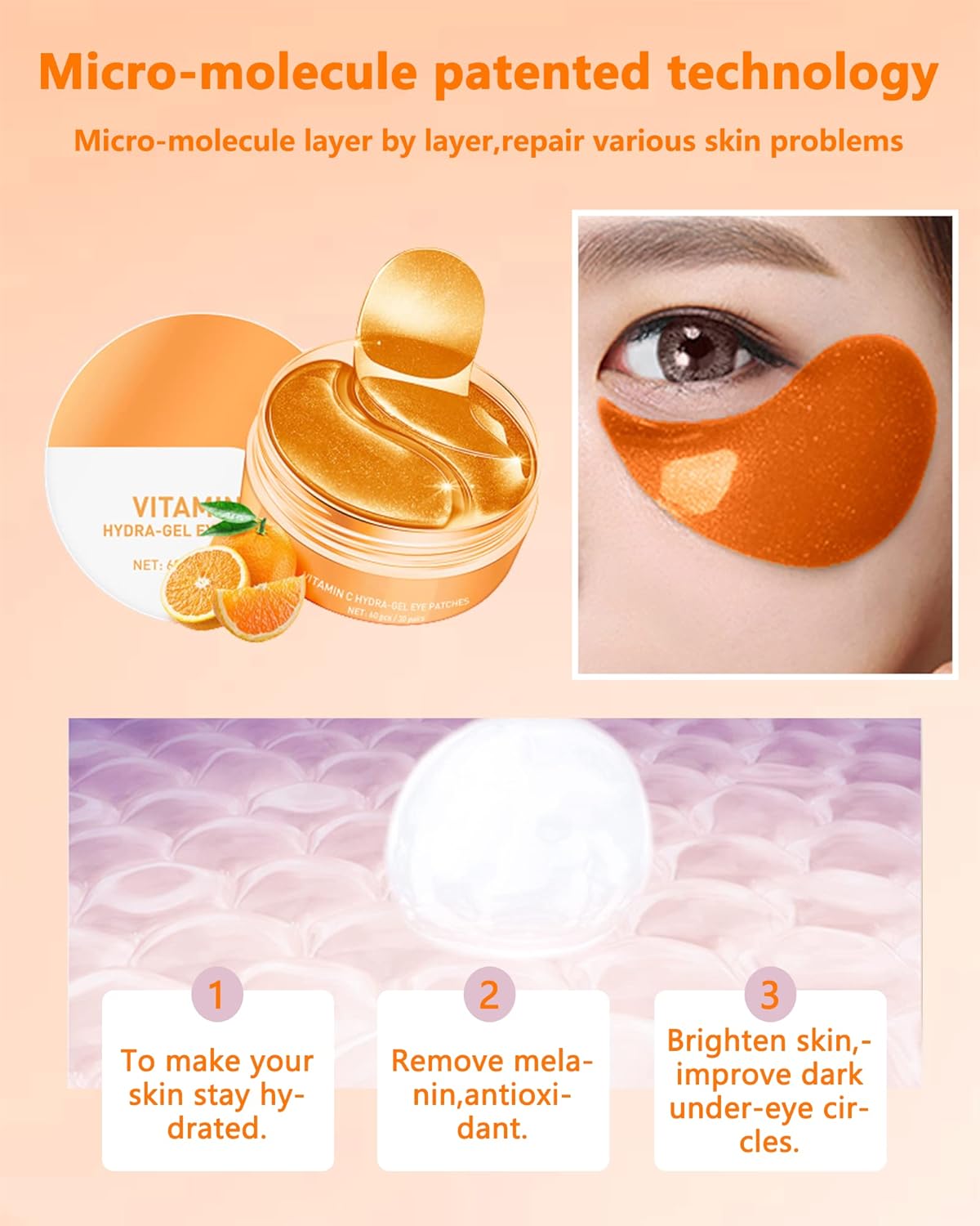 Under eye Gel Patches -Update 60Pcs Vitamin C Crystal Eye Gel Patch, Eye Mask for Puffy Eye, Dark Circle, Eye Bag, Puffiness, Wrinkle, Anti-Aging Eye Pads Treatment Mask, Thanksgiving Gift for Women