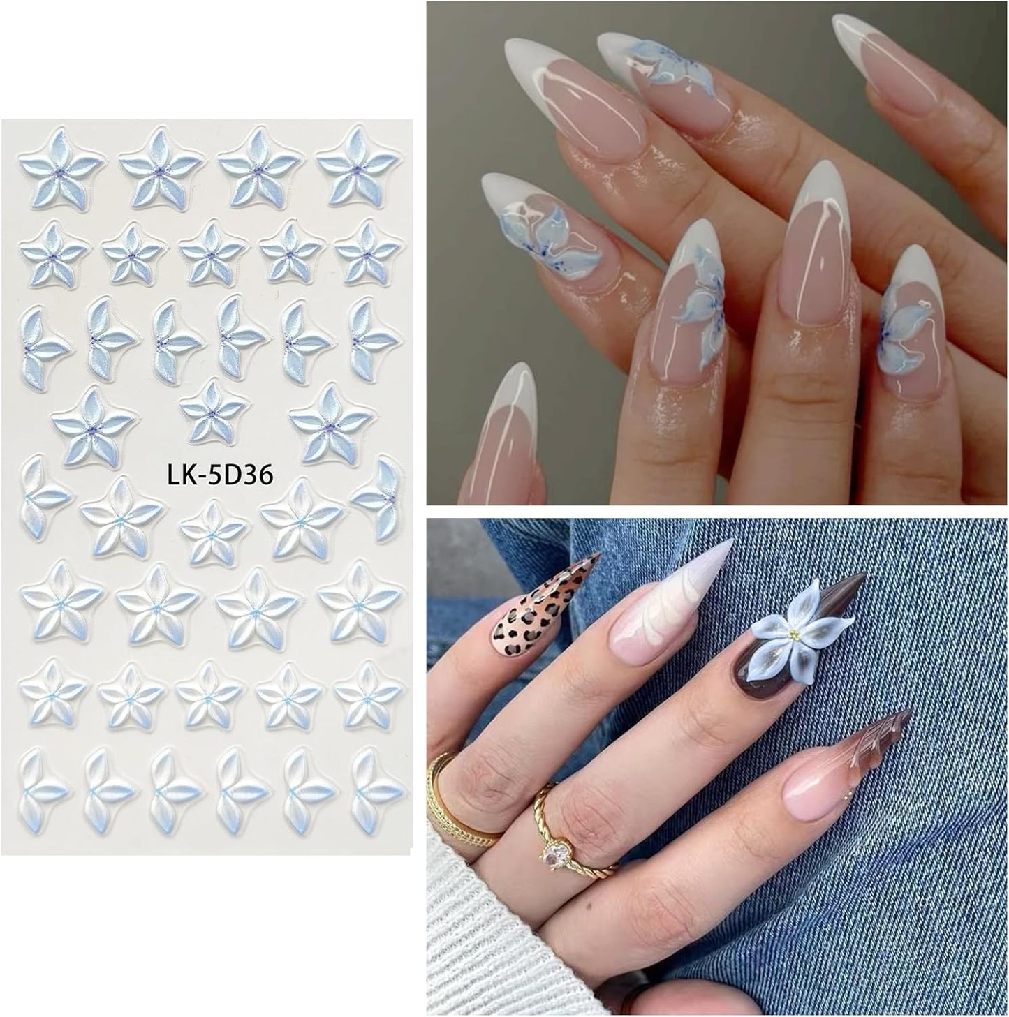 Nail Art Stickers Decals 5D Embossed Flower Nail Decals Self Adhesive Spring Summer Nails Supplies 3D Design for Women Nails Decoration Fresh Blue Purple Flower Stickers