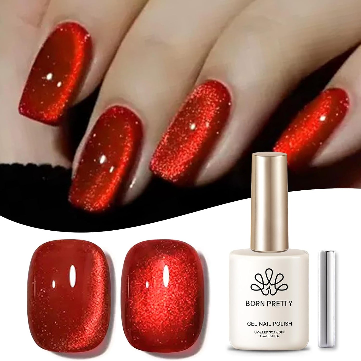 Born Pretty Cat Magnetic Eye Gel Nail Polish Ruby Red Holographic Glitter Shiny Sparkle Crystal Gel Nail Polish Magnetic Nail Polish Salon DIY at Home 15mL