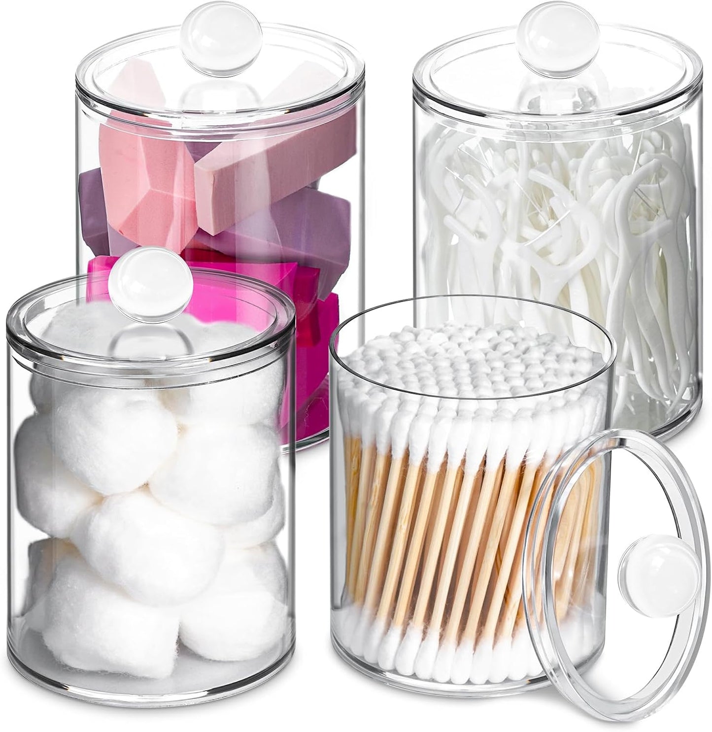 4 Pack Qtip Holder,Canister Apothecary Jar Set, Bathroom Jars with Lids Set for Cotton Swabs, Balls, Pads, Floss Picks,10oz-12oz Plastic Canisters Restroom Bedroom Vanity Organizer
