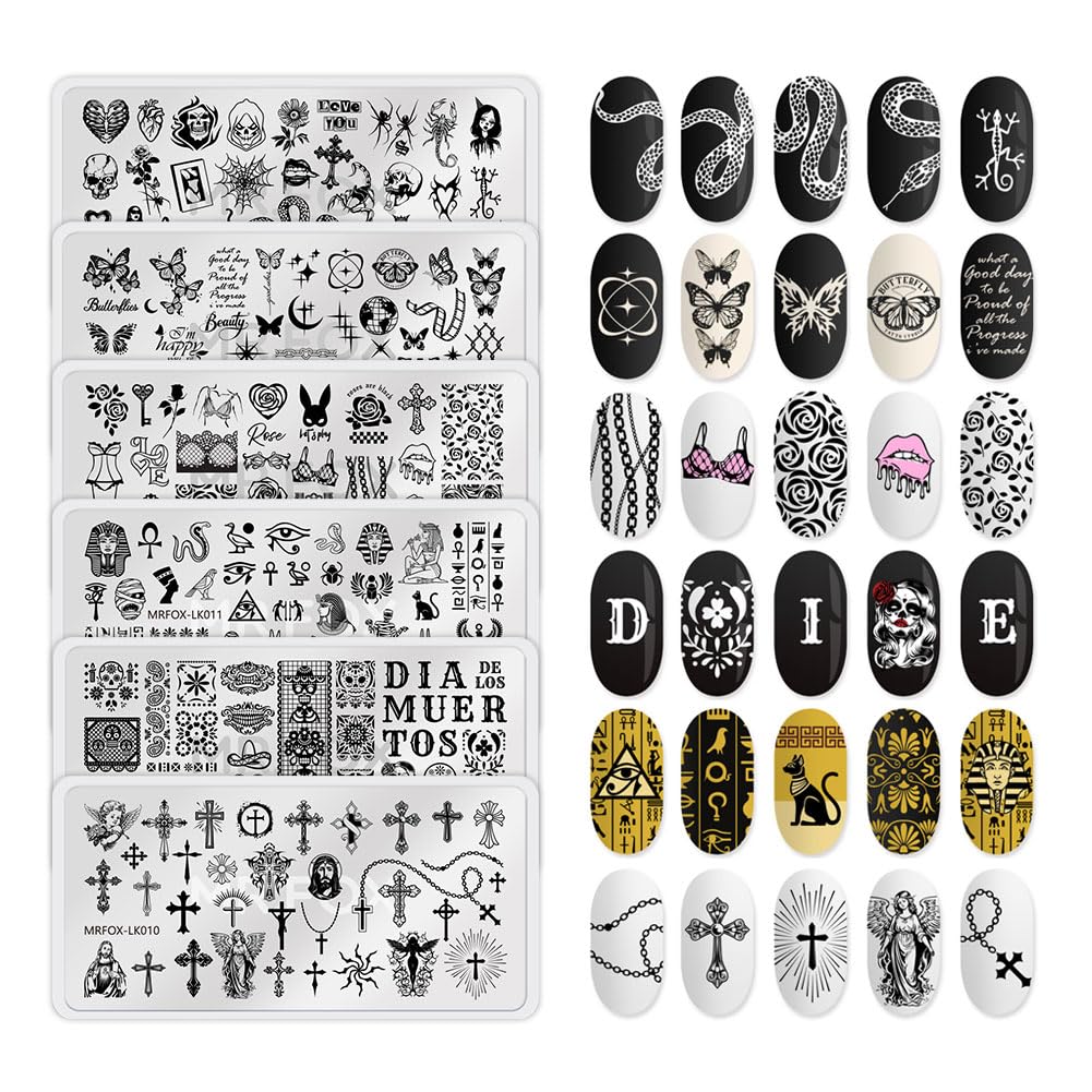 6 Pcs Nail Plates Stamping Set Rose Snake Butterfly Egyptian Cross Nail Art DIY Stamping Template