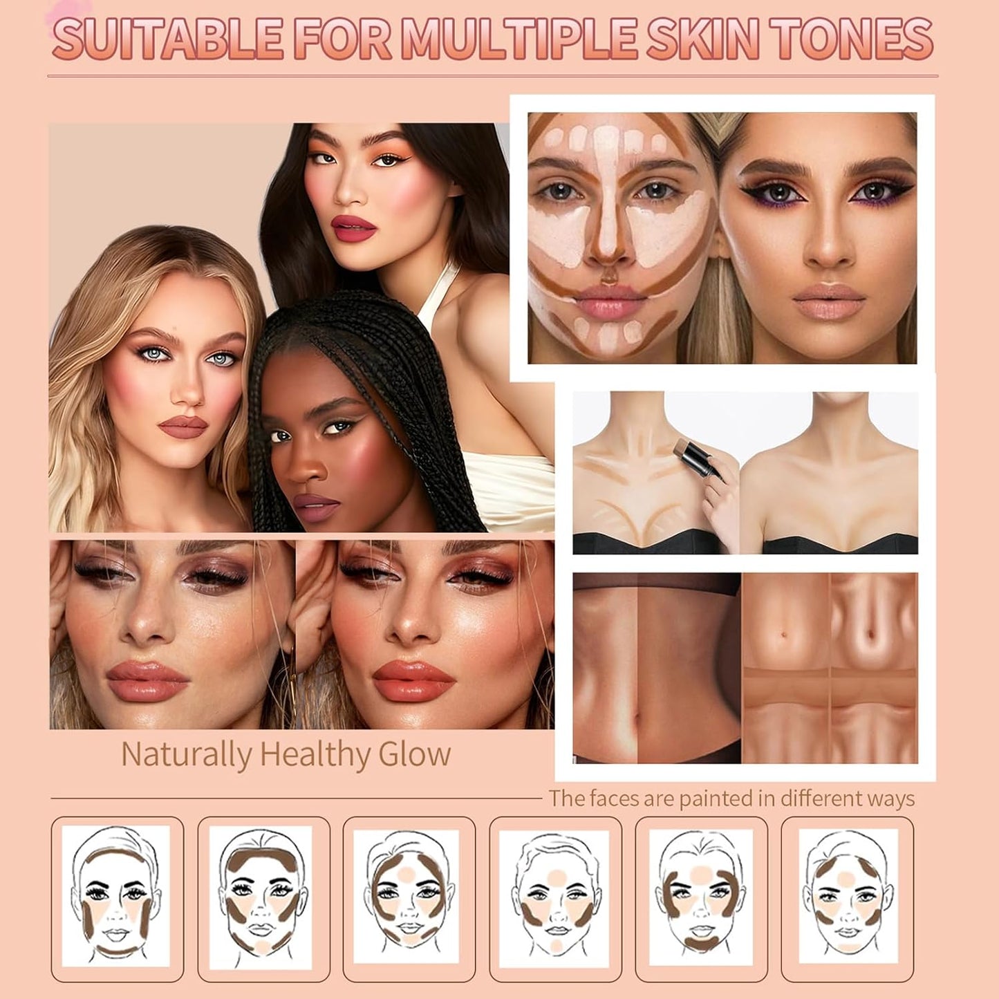 3Pcs Cream Contour Stick, with Highlighter Stick Milk Bronzer Stick Blush Stick, Face Contour Stick Highlighter Makeup with Makeup Brush and Sponge, Easy to Sculpt the Face, Long Lasting