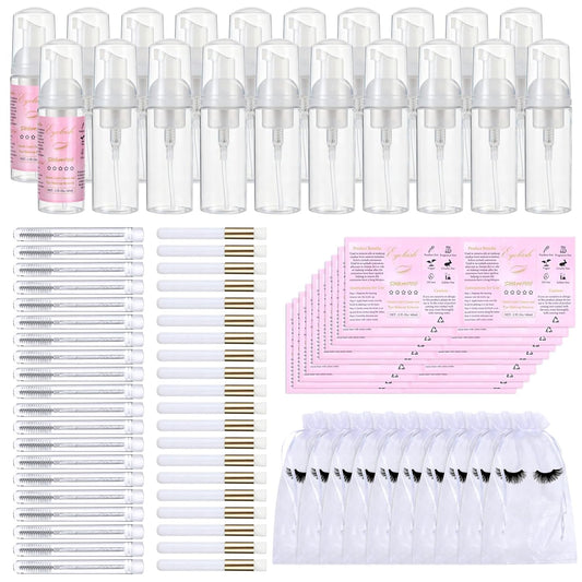 100 Pcs Lash Shampoo Bottle Brushes Set 20 Empty Foam Pump Dispensers 20 Label Stickers 20 Mascara Wands and Tubes 20 Cleansing Brush 20 Bag for Eyelash Extensions Aftercare(White)