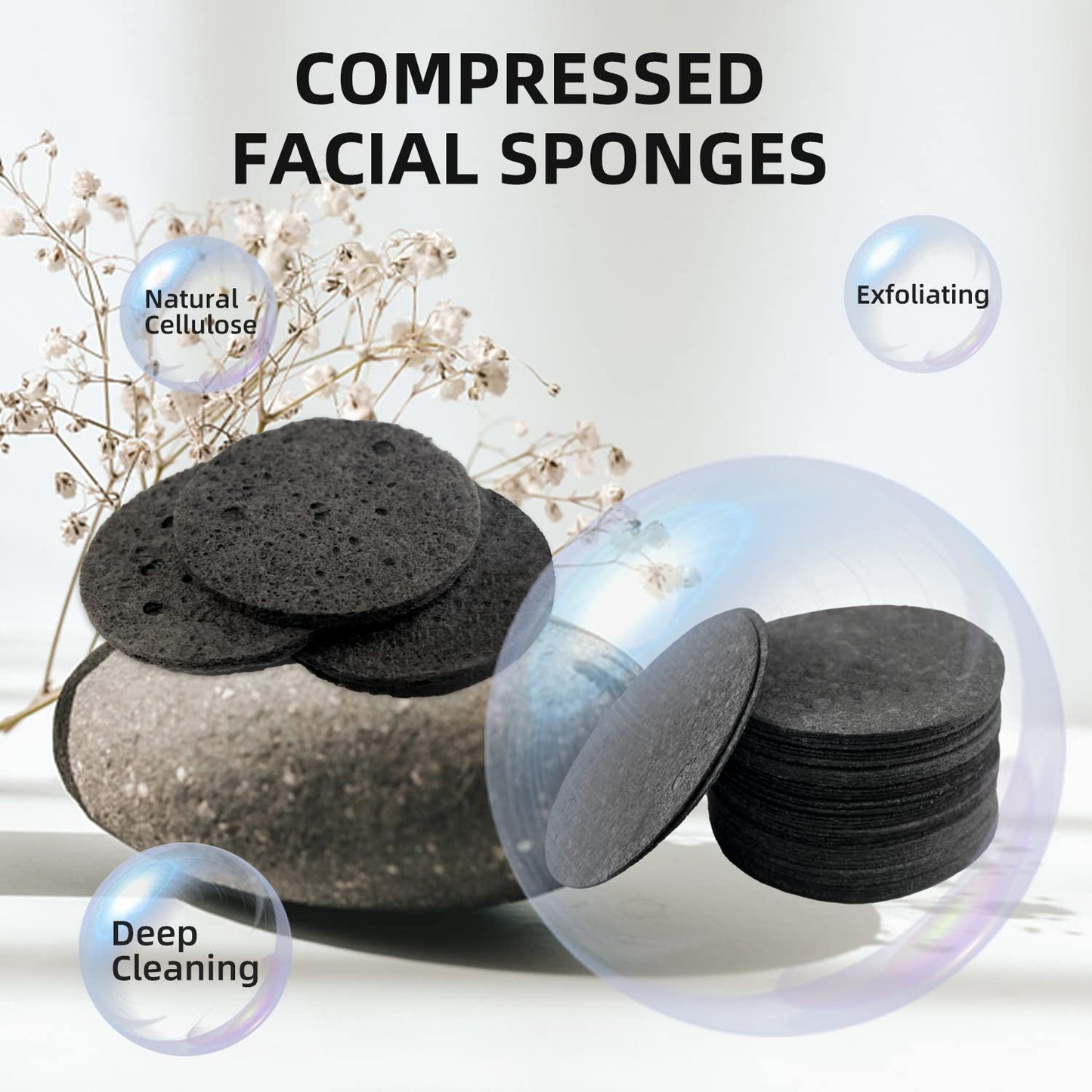100-Count Facial Sponges Compressed Natural Cellulose Sponge Round Shape Face Sponge for Face Cleansing Exfoliating and Makeup Removal, Black