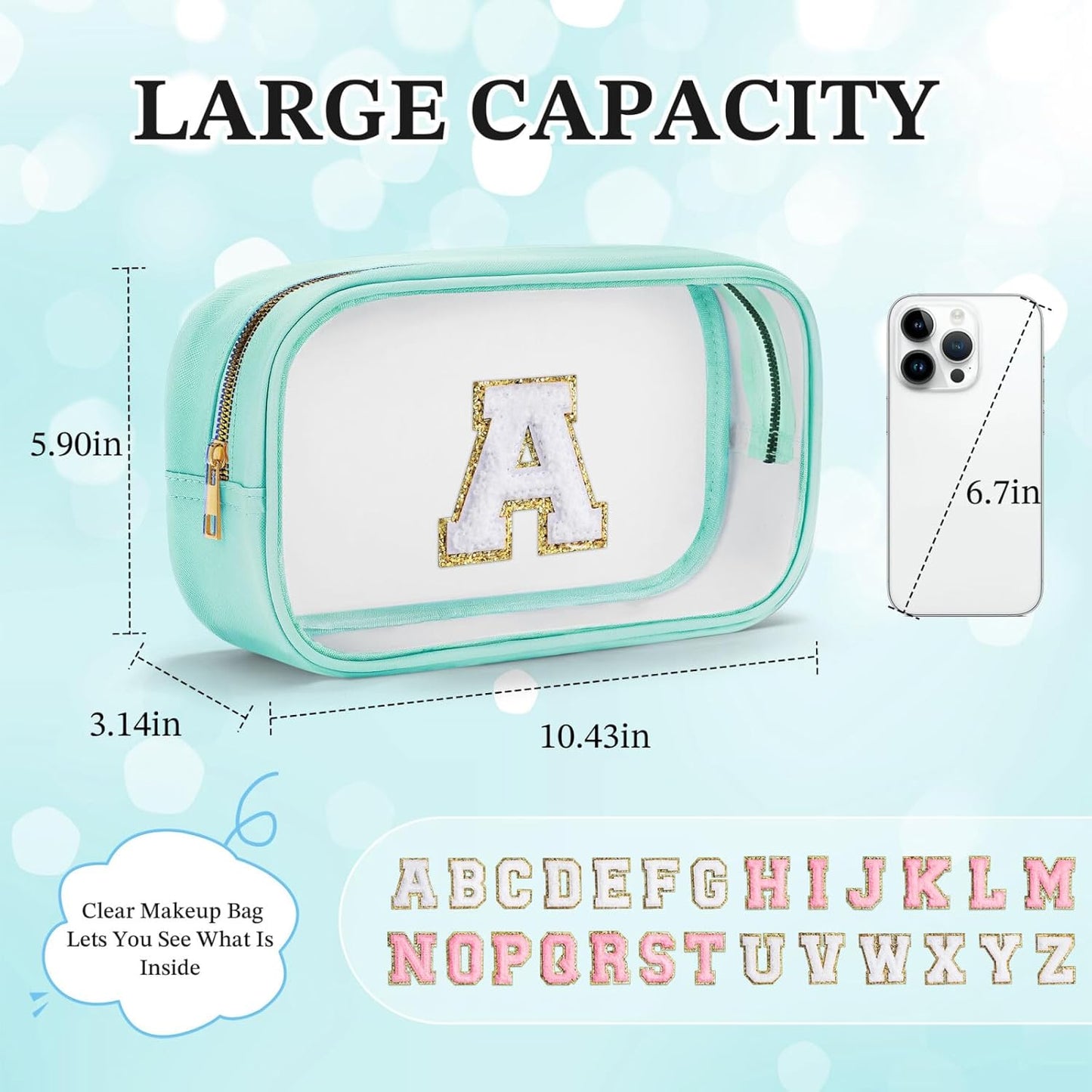 YOOLIFE Initial Make Up Bag Travel Toiletry Bag, Clear Makeup Bags Preppy Cosmetic Bags Organizer Travel Essentials Gifts for Women Teen Girlfriend Teacher Mom Birthday Girl Gift Makeup Case Blue M