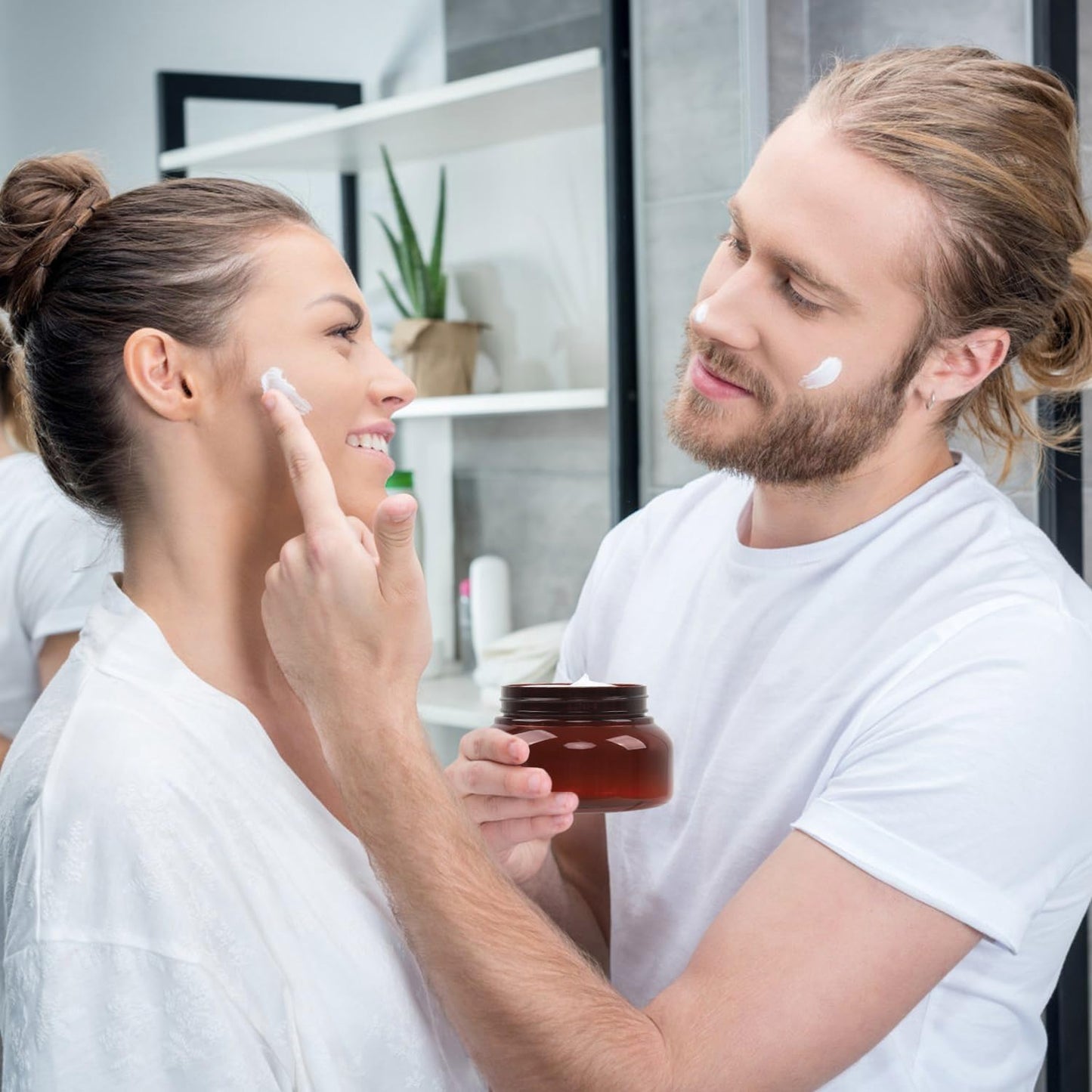 Amber Plastic Jars with Lids, 12 Pack Brown Body Scrub Jars Empty Refillable Containers Round Low Profile Samples Jars for Lotion, Body Butter, Sugar Scrub, Cream (7 OZ)