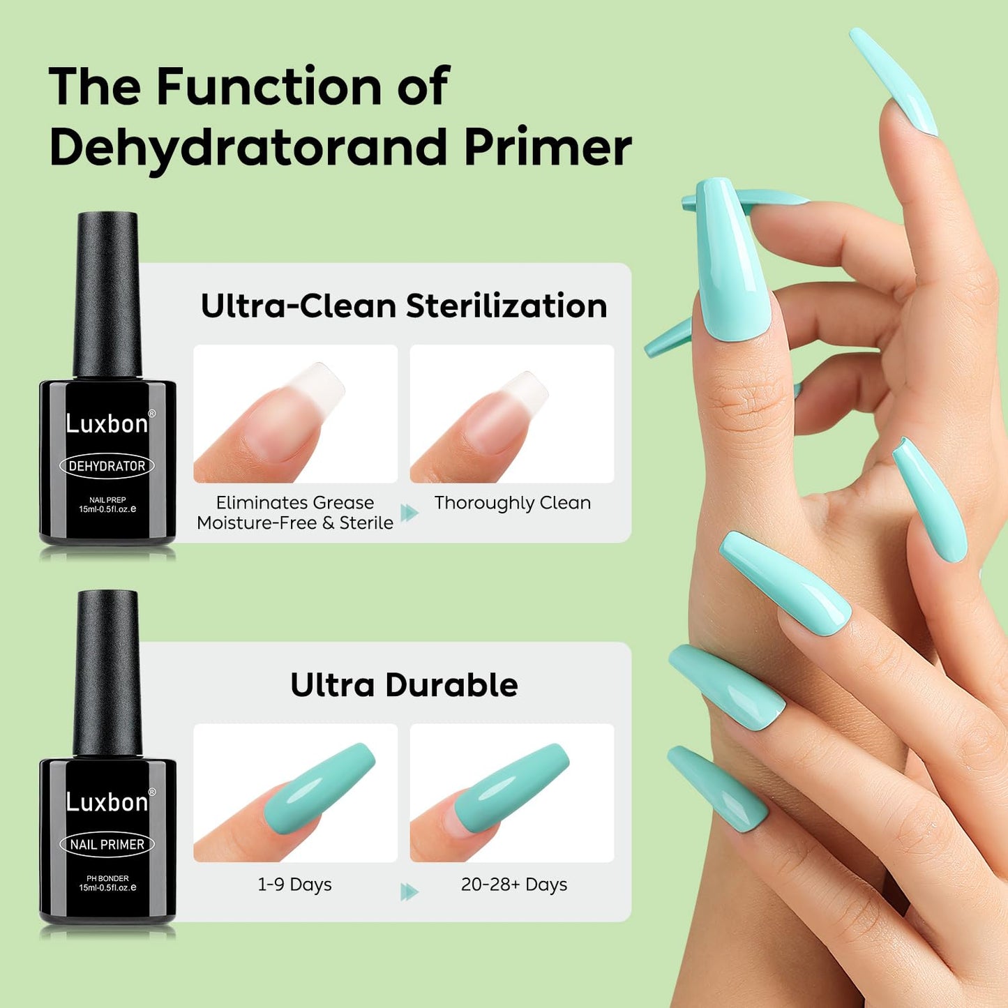 Luxbon 4 Pcs 15ml No Wipe Gel Top Coat and Base Coat Nail Primer Dehydrator Set - Long Lasting, Shine Finish, UV LED Nail Lamp Soak Off Gel Base Top Coat Manicure