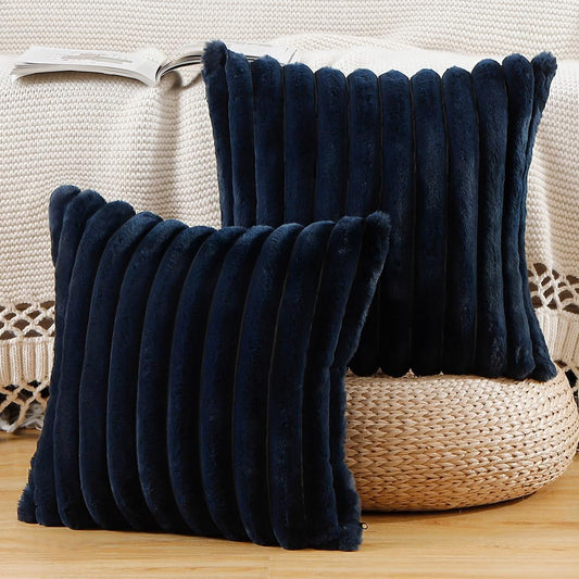 MADIZZ Set of 2 Faux Wool Plush Decorative Throw Pillow Covers 22x22 Inch Dark Blue Fluffy Striped Soft Decorative Cushion Cover for Sofa Bedroom Pillow Shell