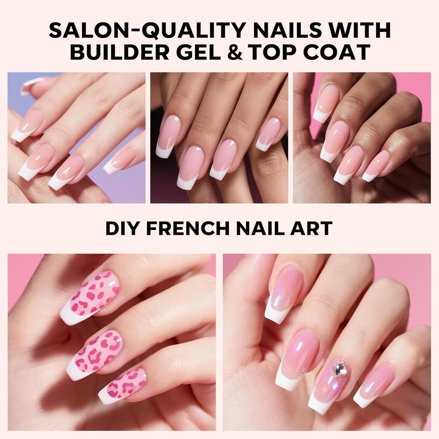 Gel Nail Kit, Top Coat, Nail Builder Gel and Nail Glue for Nail Tips, Press On Nails Kit with LED Light, 150 PCS Long Pink Square, 15 Sizes French Tip Press on Nails