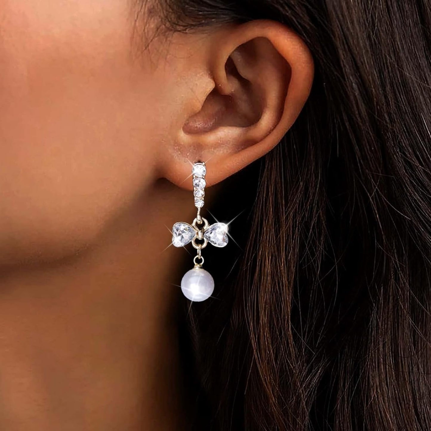 Vintage Crystal Pearl Dangle Earrings Rhinestone Bow Drop Earrings Cz Pearl Earrings Gold Pearl Bow Stud Earrings Jewelry for Women