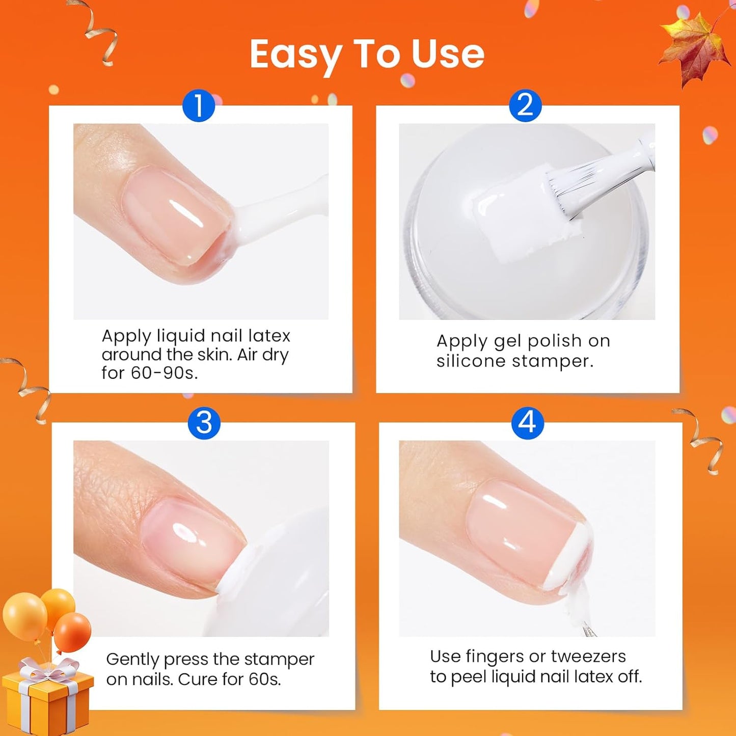 Beetles Nail Stamp, 4Pcs French Tip Tool Easy Manicure Nail Stamper Single Head Soft Silicone Long & Short French Tip Stamp Tool with 2Pcs Nail Scraper Decorations Gift for Women