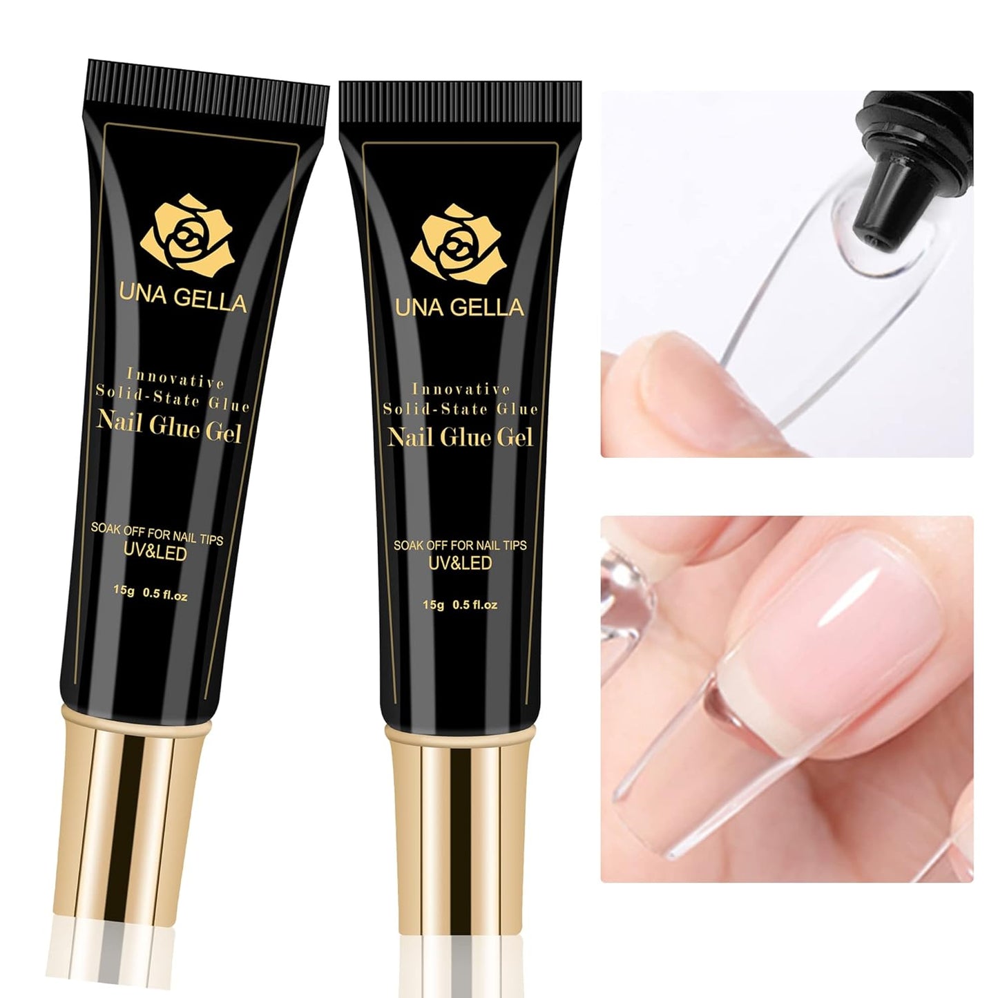 UNA GELLA Soft Gel Nail Tips Glue | 2pcs | Solid State Soak Off Super Strong Glue for Acrylic Nails Curing Needed For Nail Extensions Press On Nails 15ml*2 for Gel Jelly Tips
