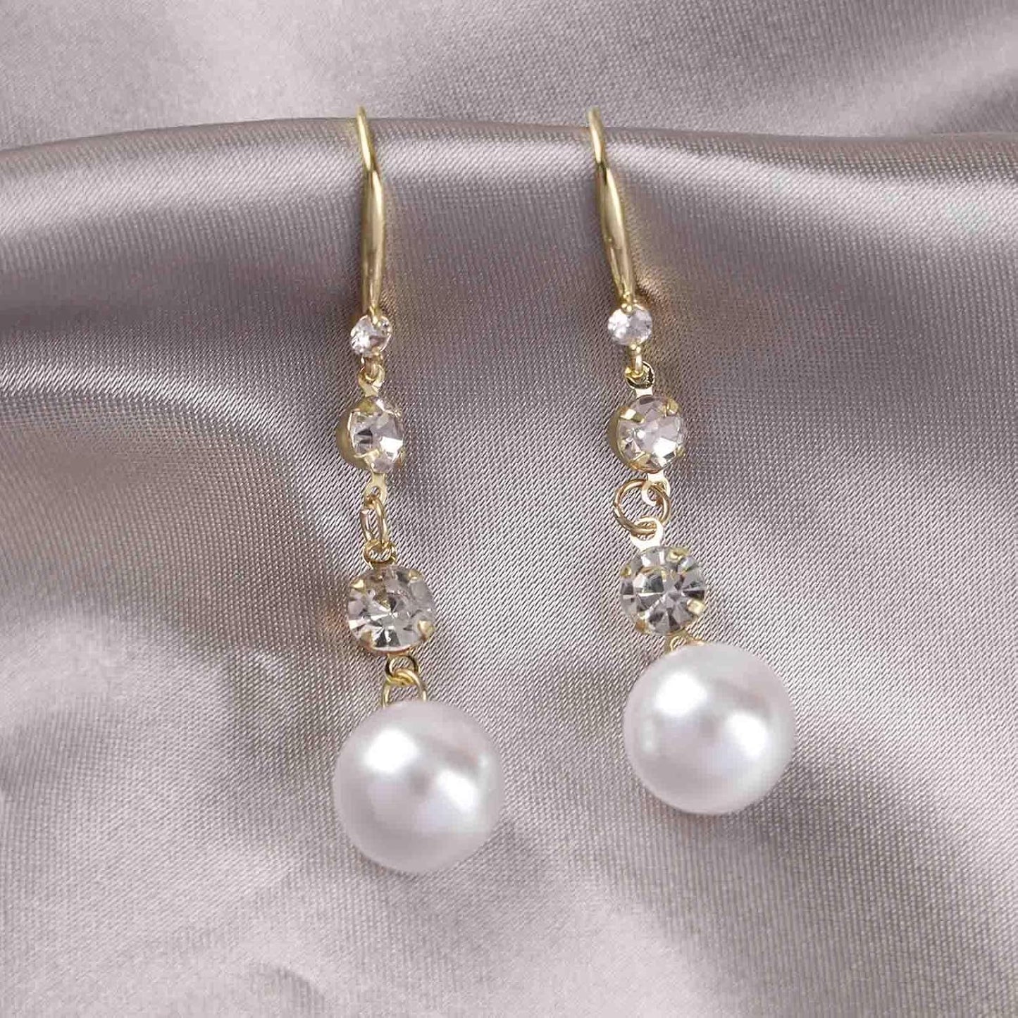 Vintage Crystal Pearl Dangle Earrings Long Pearl Tassel Earrings Pearl Bridal Drop Earrings Gold Rhinestone Stud Earrings Jewelry for Women