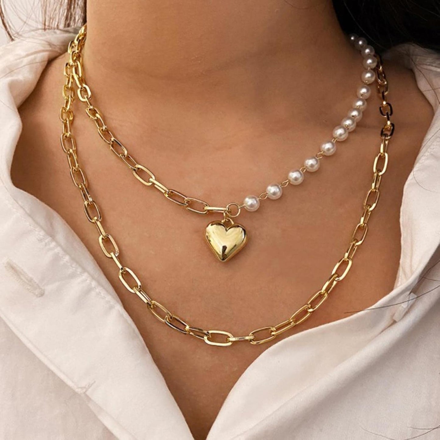 Boho Layered Pearl Choker Necklace Chain Vintage Gold Heart Pendant Cuban Chain Necklace Rock Statement Pearl Heart Necklace Asymmetrical Pearl Strand Necklace Jewelry for Women and Girls